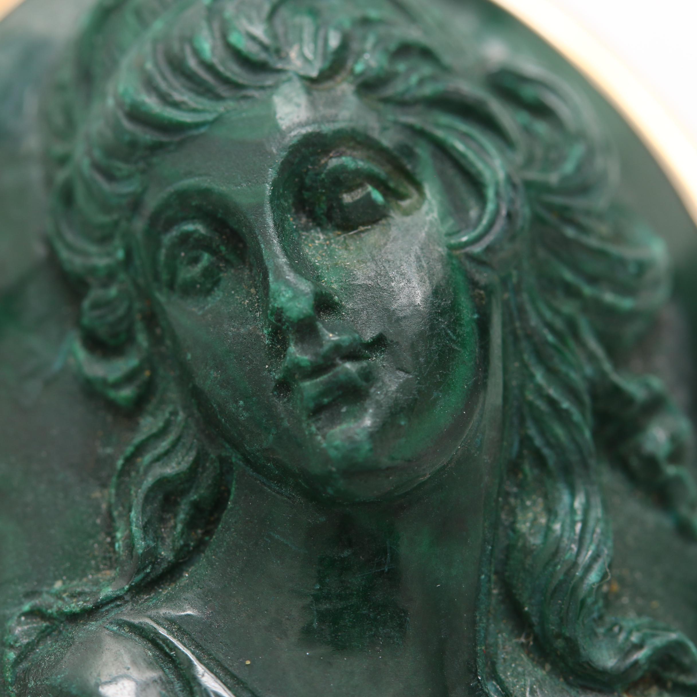 14K Yellow Gold Carved Malachite Pendant Brooch