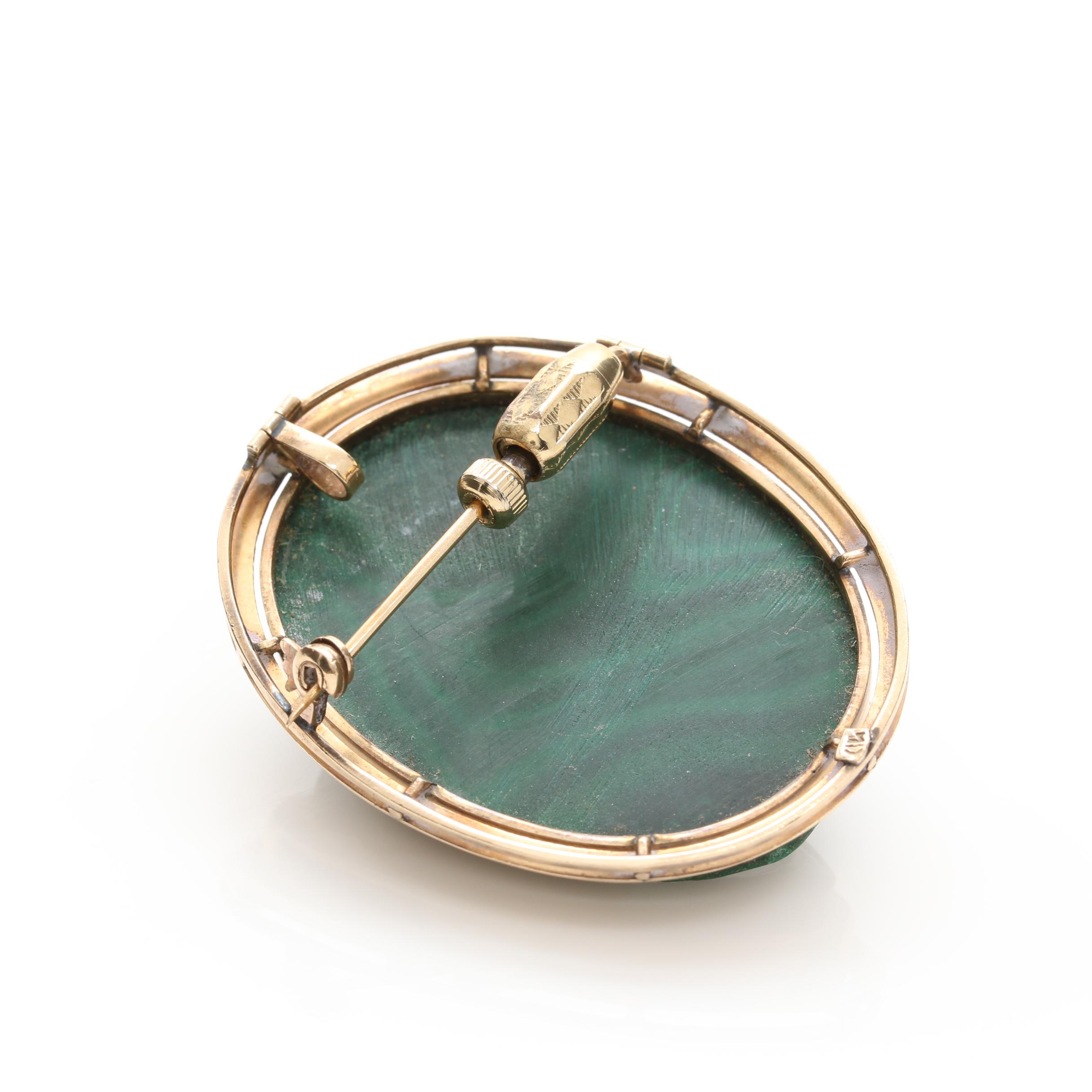 14K Yellow Gold Carved Malachite Pendant Brooch
