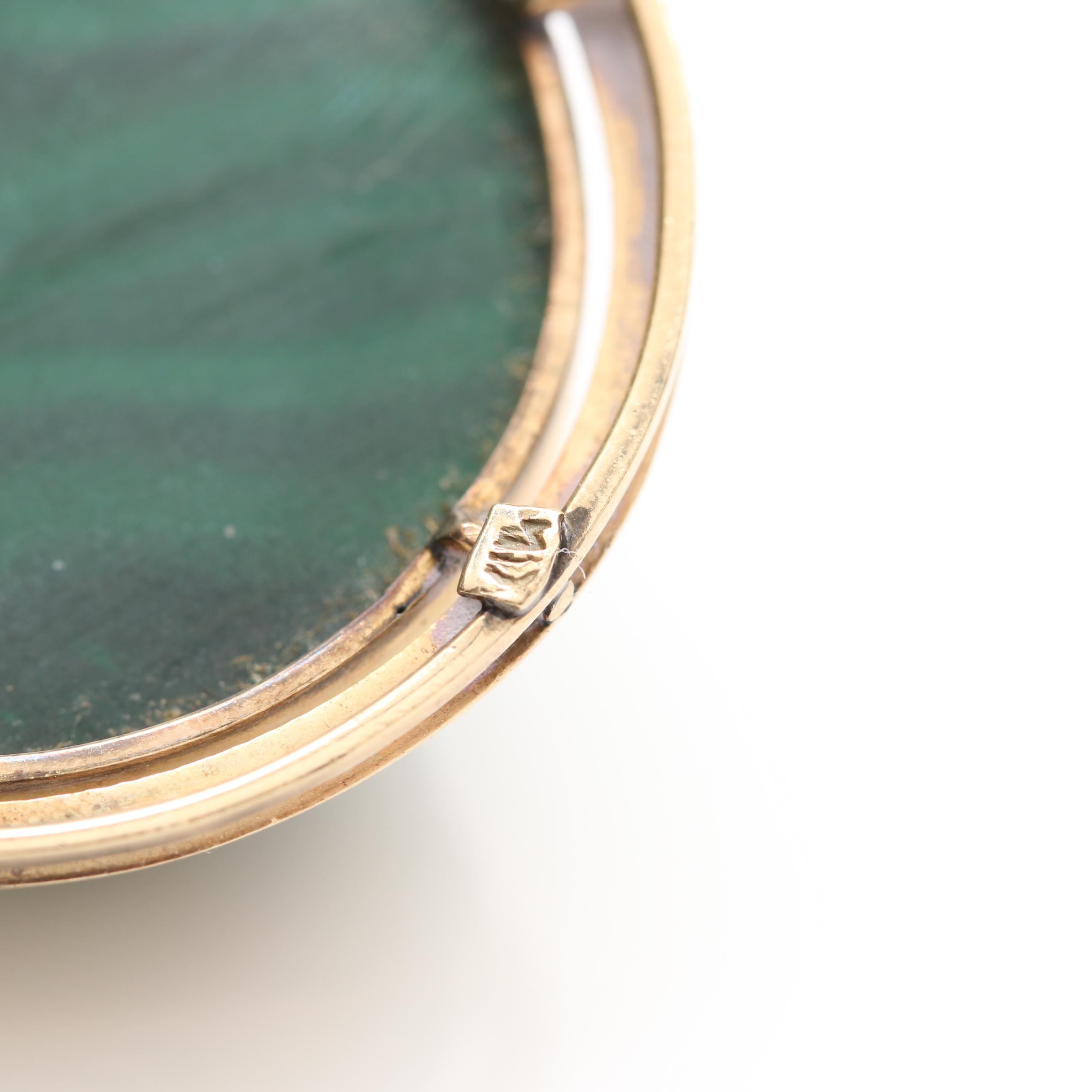 14K Yellow Gold Carved Malachite Pendant Brooch