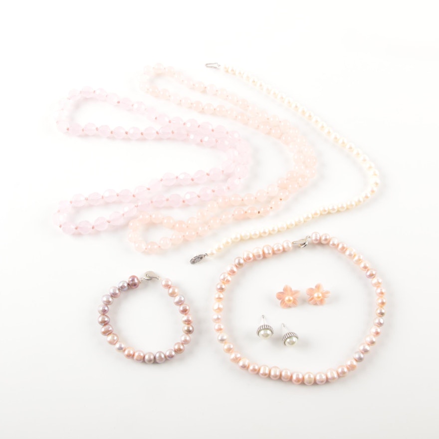 Cultured Pearl Teng Yue Set with Rose Quartz Jewelry and Sterling Silver