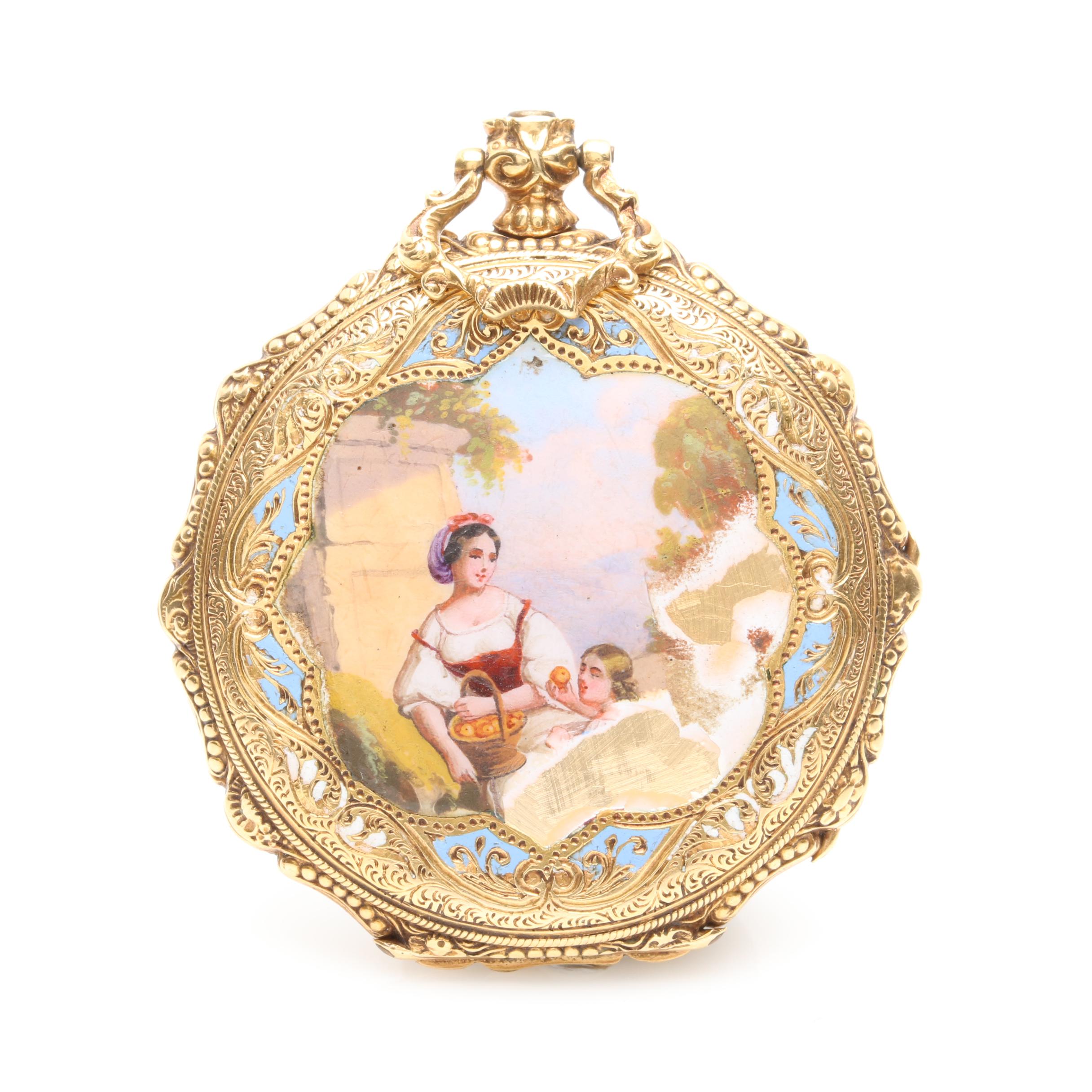 14K Yellow Gold and Enamel Pendant Watch Style Pendant