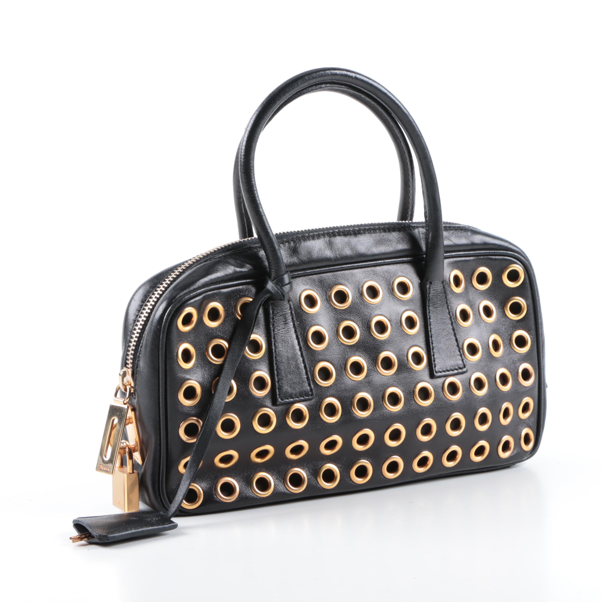 Prada Black Leather and Gold Tone Grommet Bauletto Bag