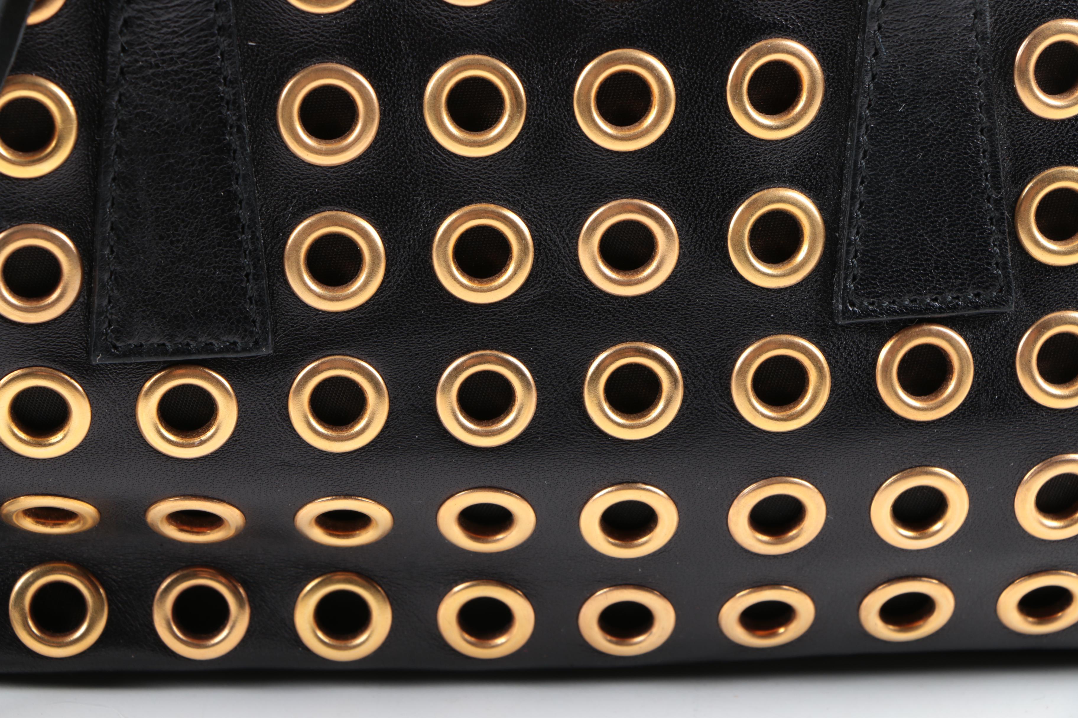 Prada Black Leather and Gold Tone Grommet Bauletto Bag
