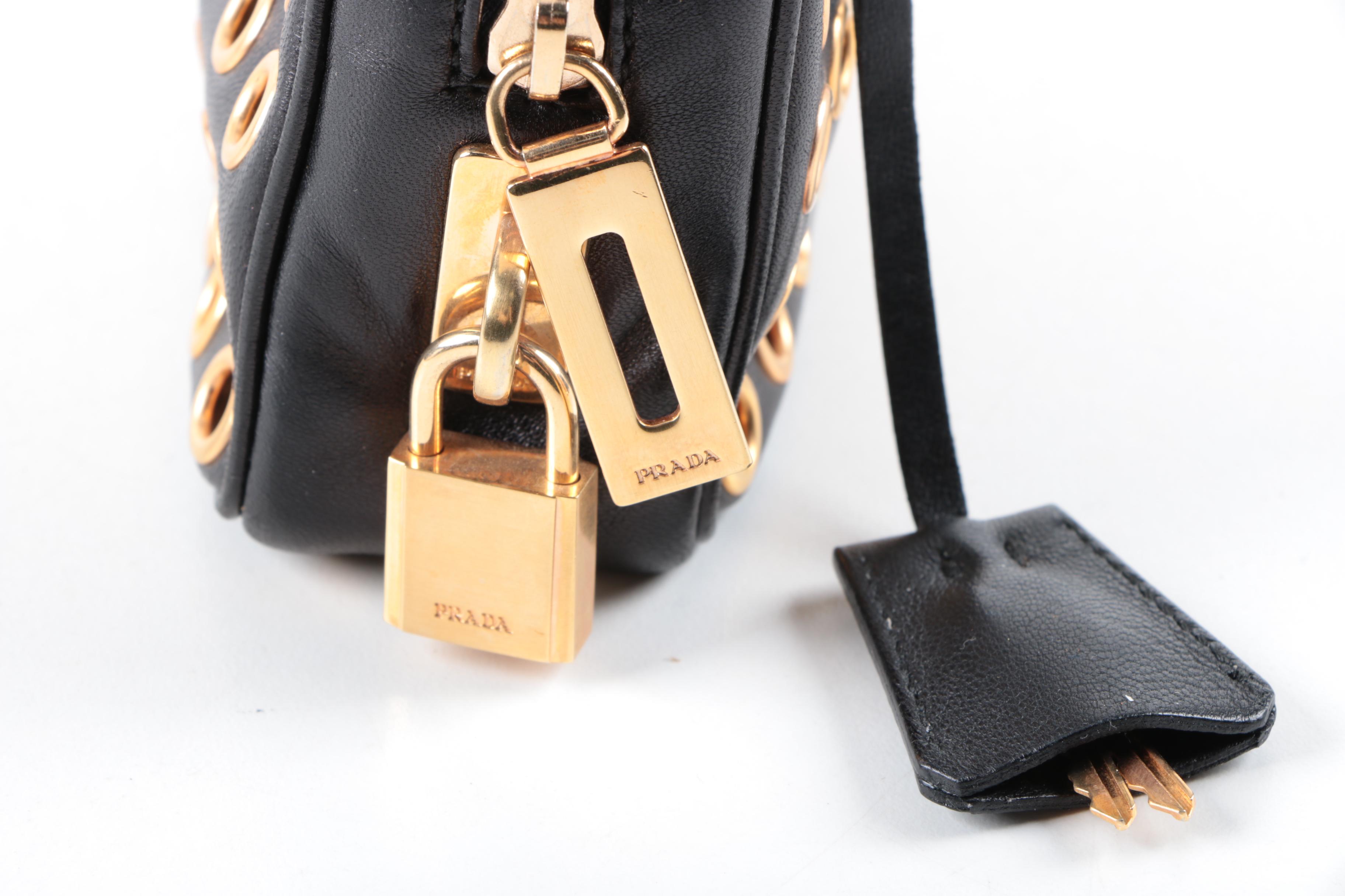 Prada Black Leather and Gold Tone Grommet Bauletto Bag