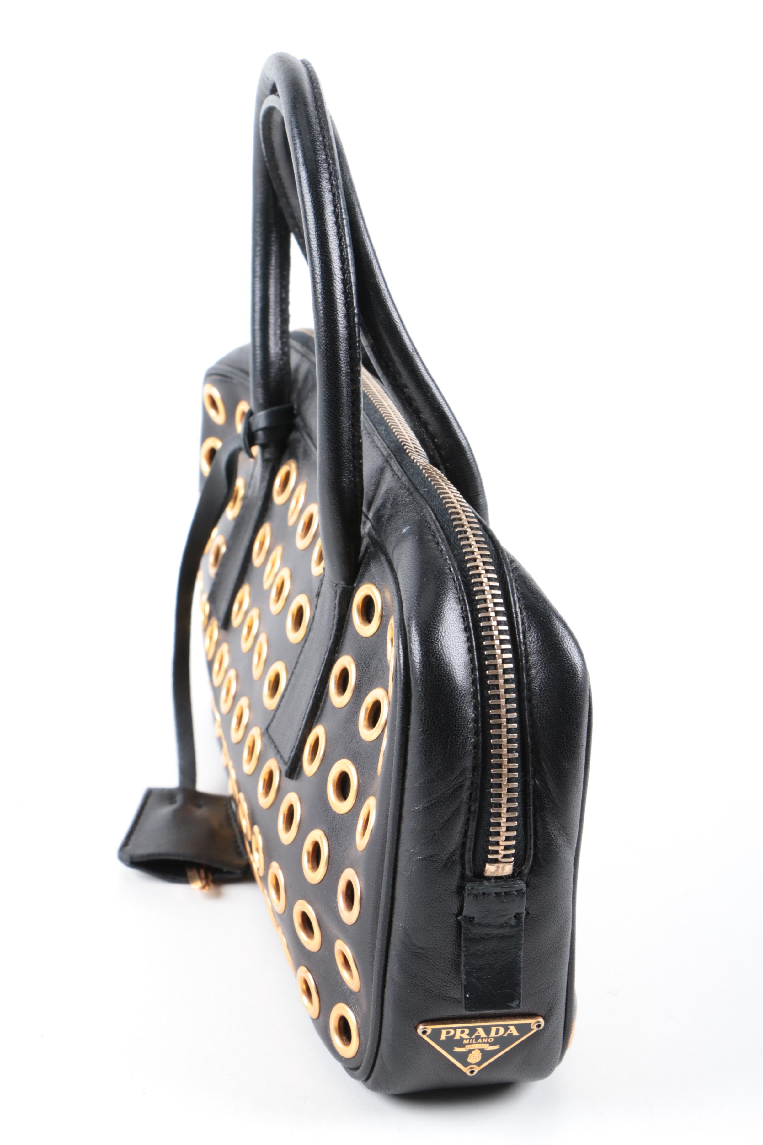 Prada Black Leather and Gold Tone Grommet Bauletto Bag