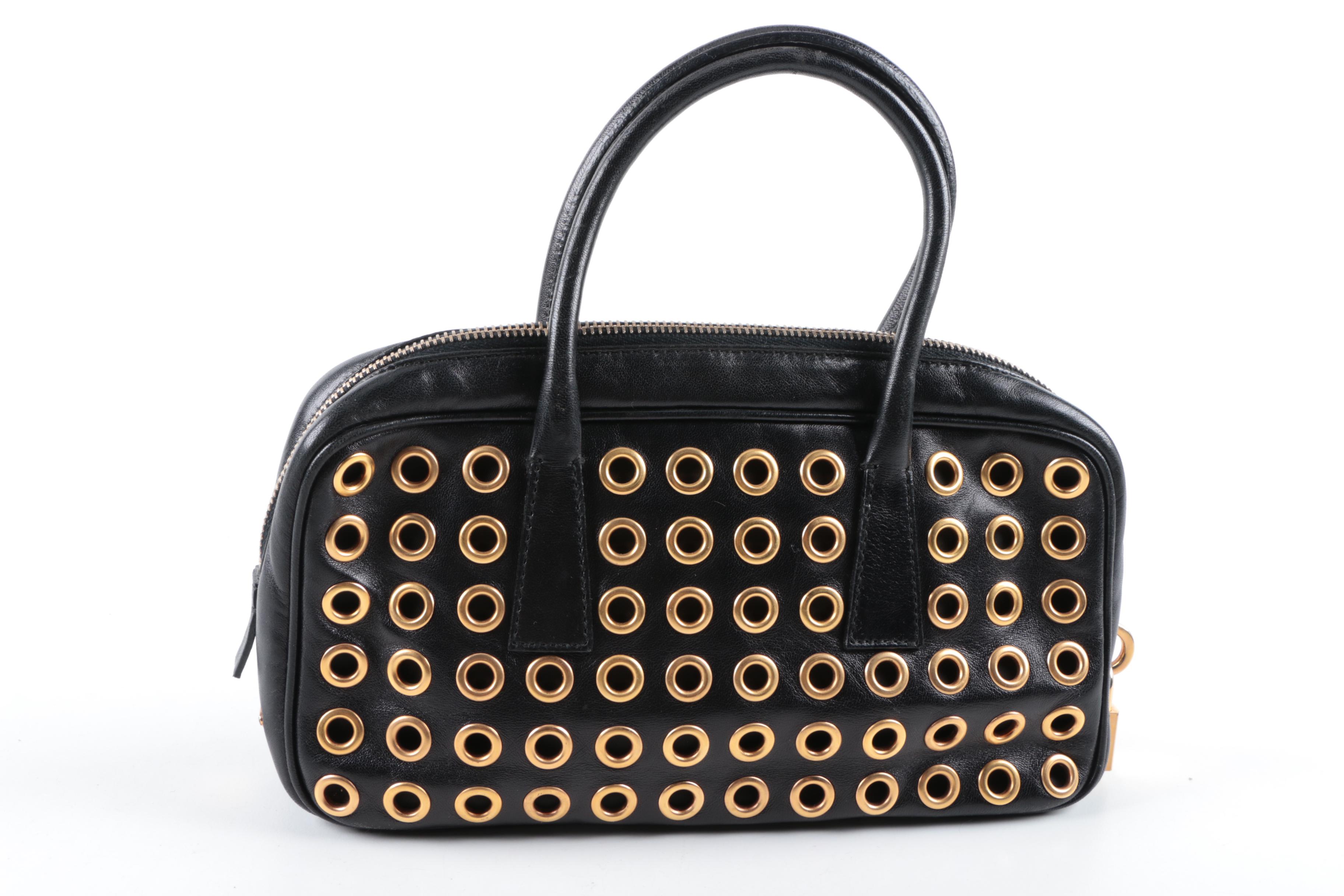 Prada Black Leather and Gold Tone Grommet Bauletto Bag