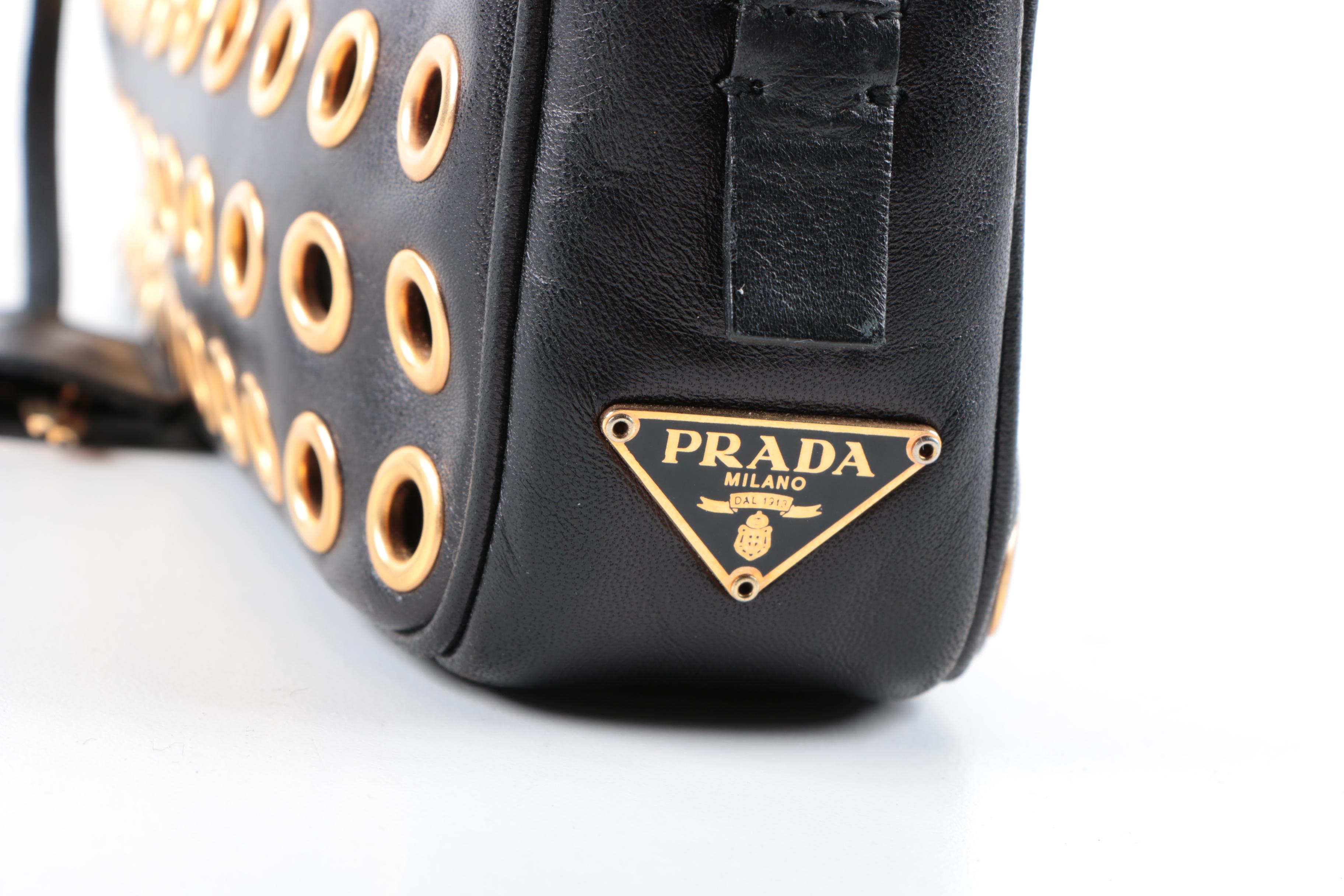 Prada Black Leather and Gold Tone Grommet Bauletto Bag