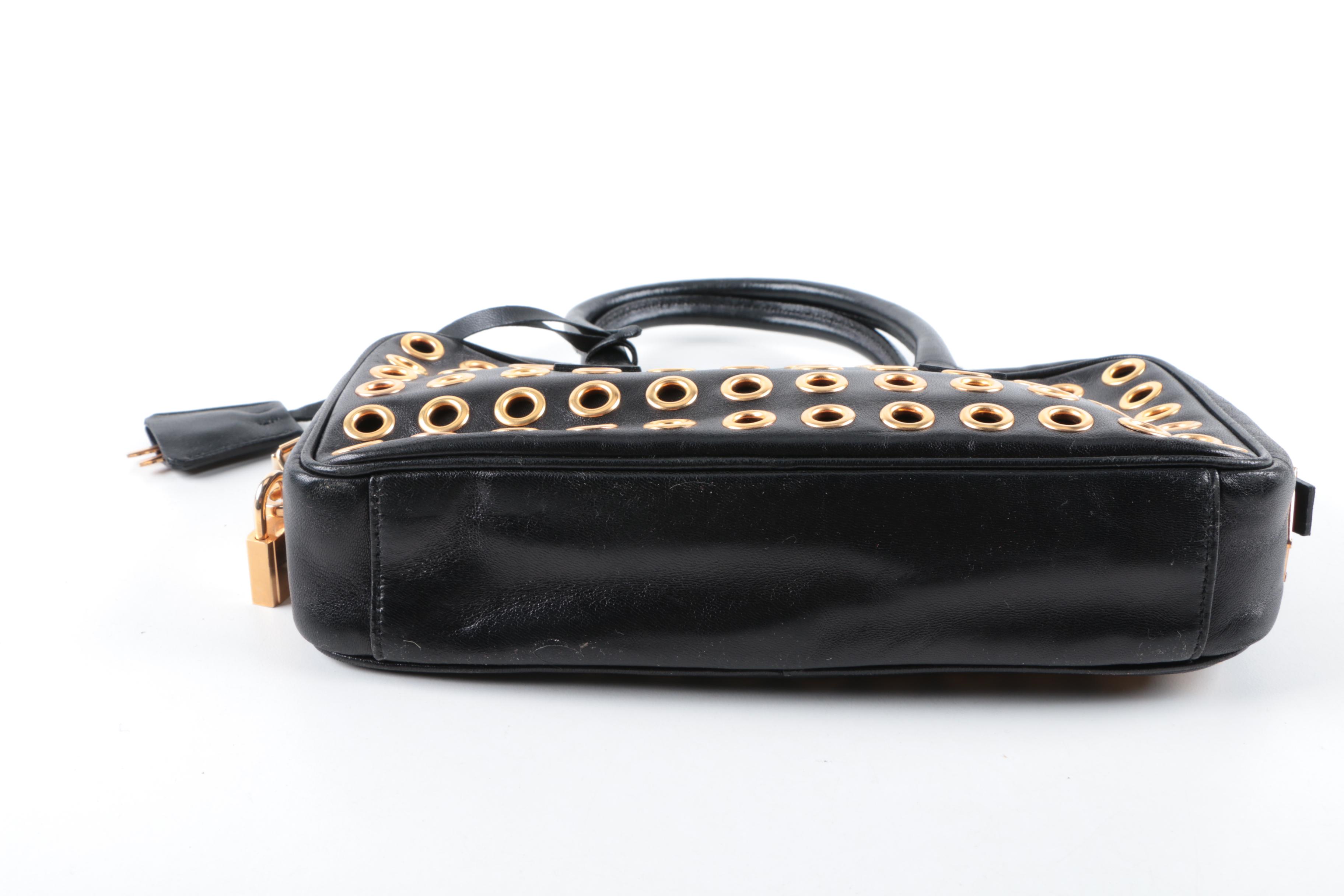 Prada Black Leather and Gold Tone Grommet Bauletto Bag