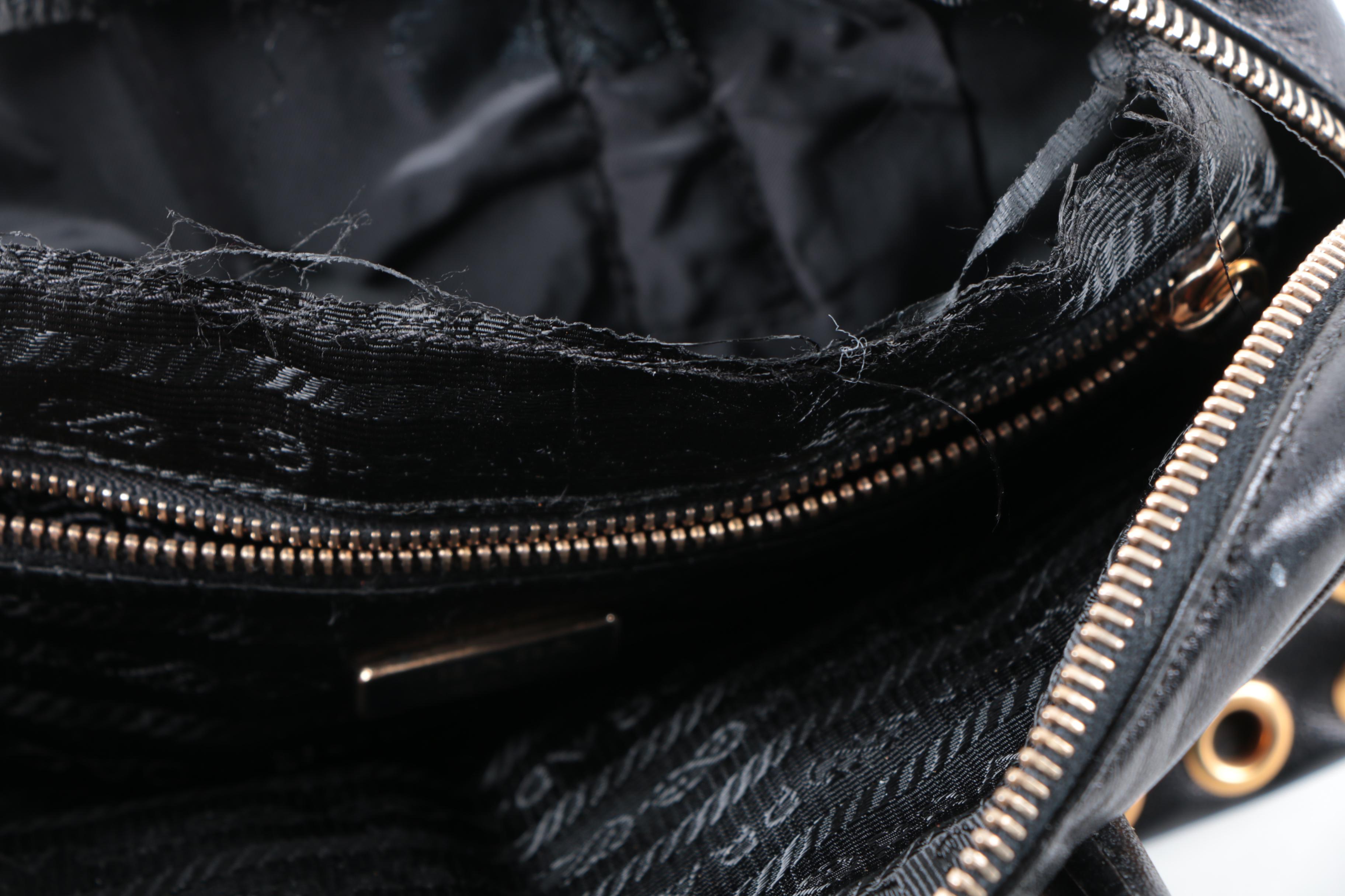 Prada Black Leather and Gold Tone Grommet Bauletto Bag