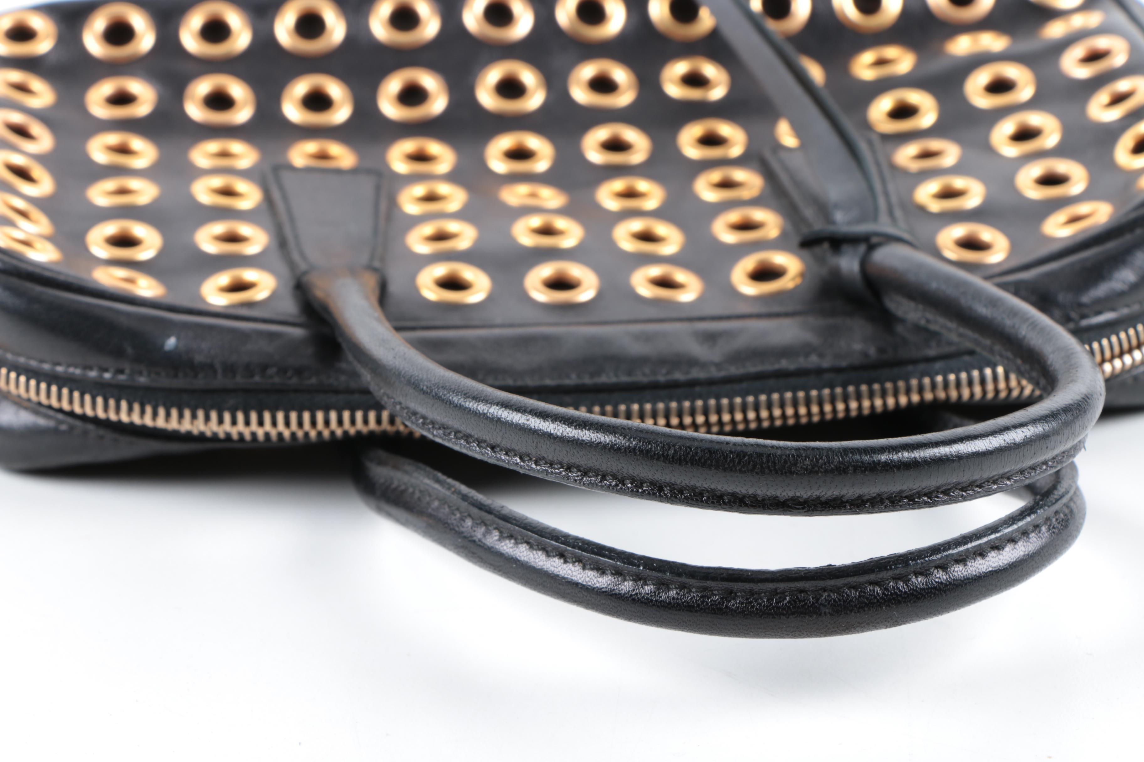 Prada Black Leather and Gold Tone Grommet Bauletto Bag