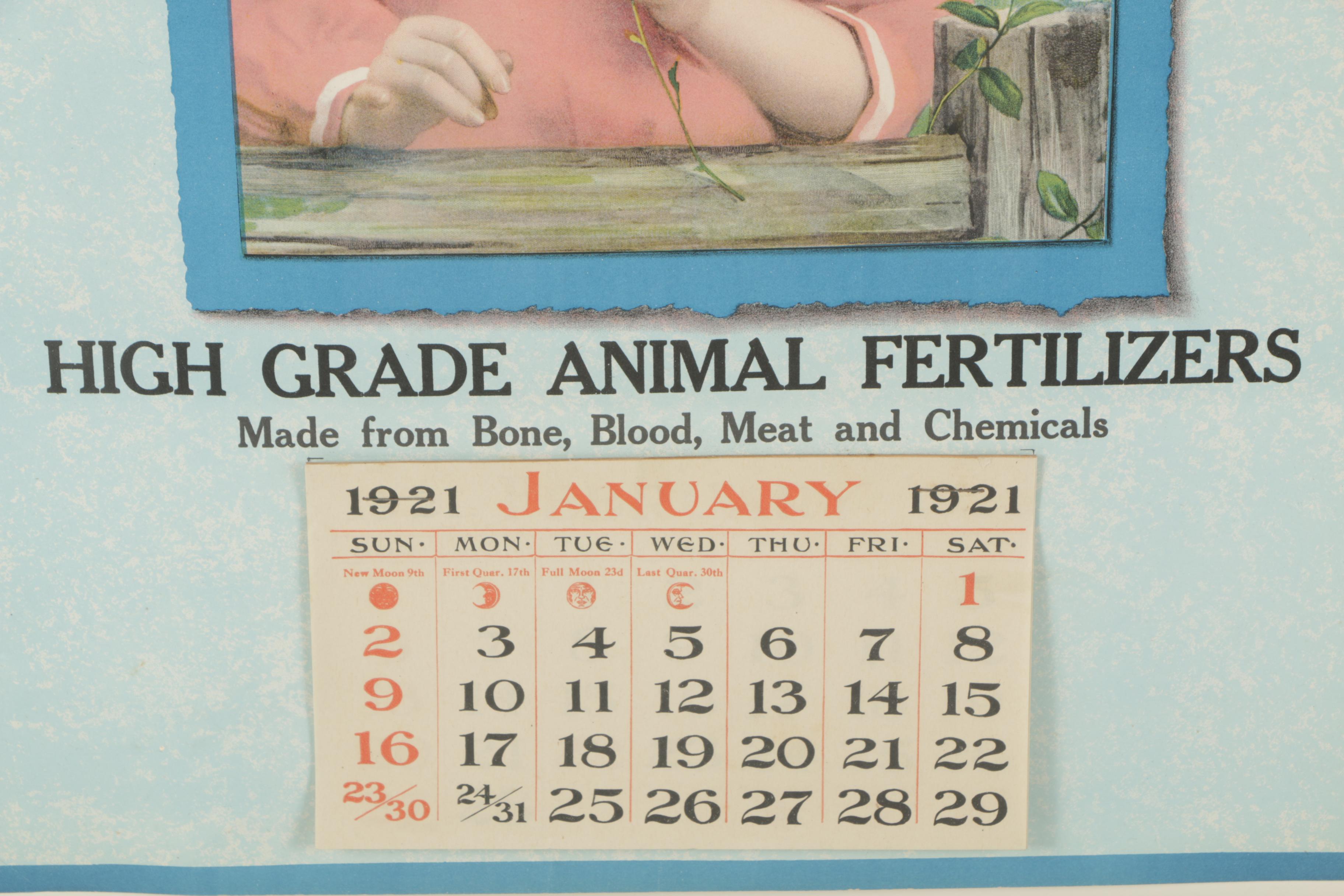 1921 Offset Lithographic Monthly Calendar Fertilizer Advertisement