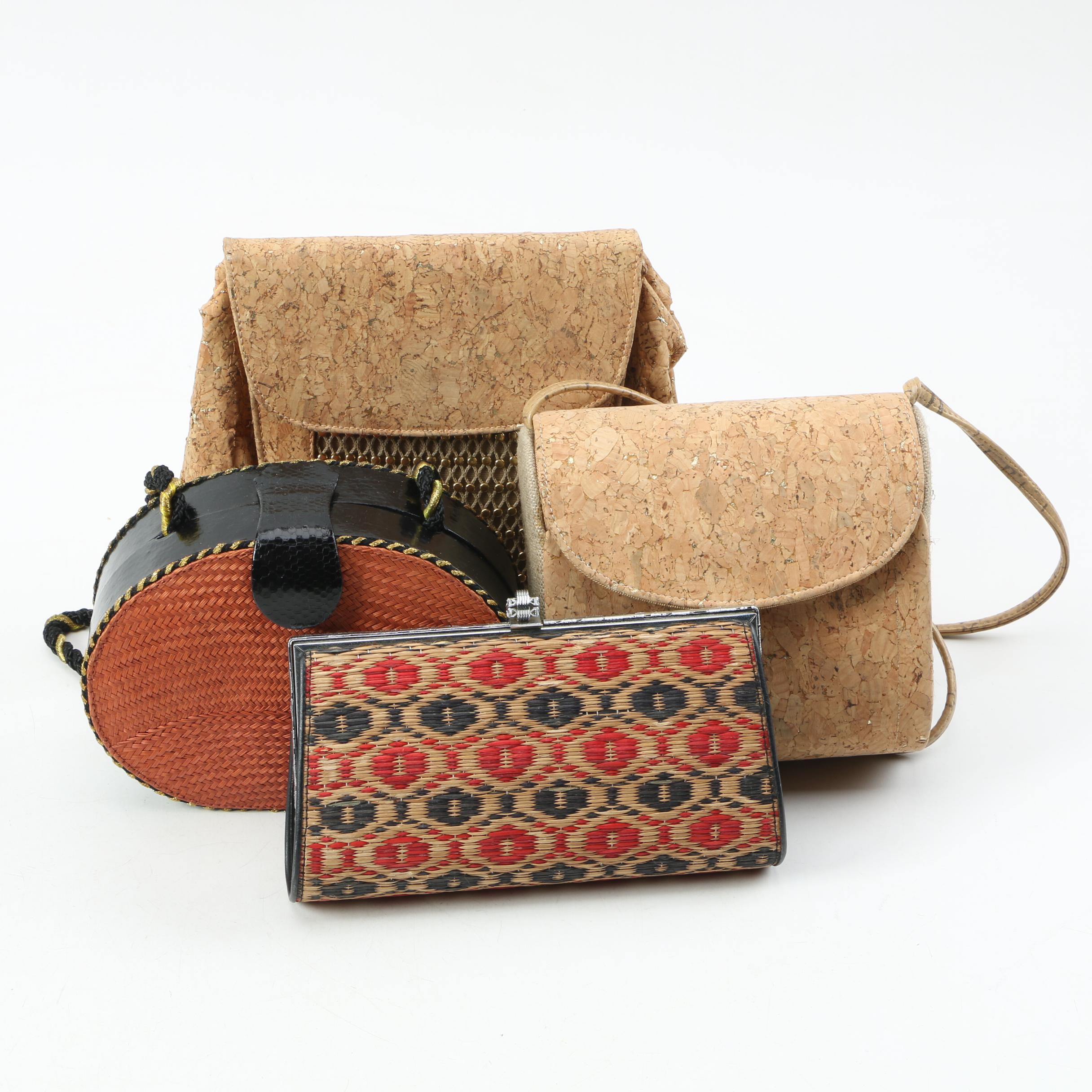 Vintage Cork and Woven Straw Handbags Including Stuart Weitzman and Victor Costa