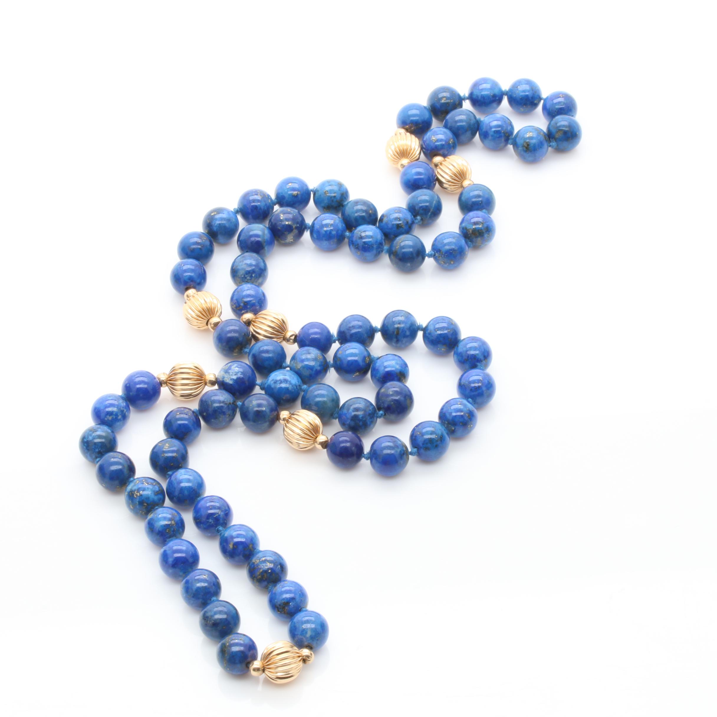 14K Yellow Gold Lapis Lazuli Beaded Necklace
