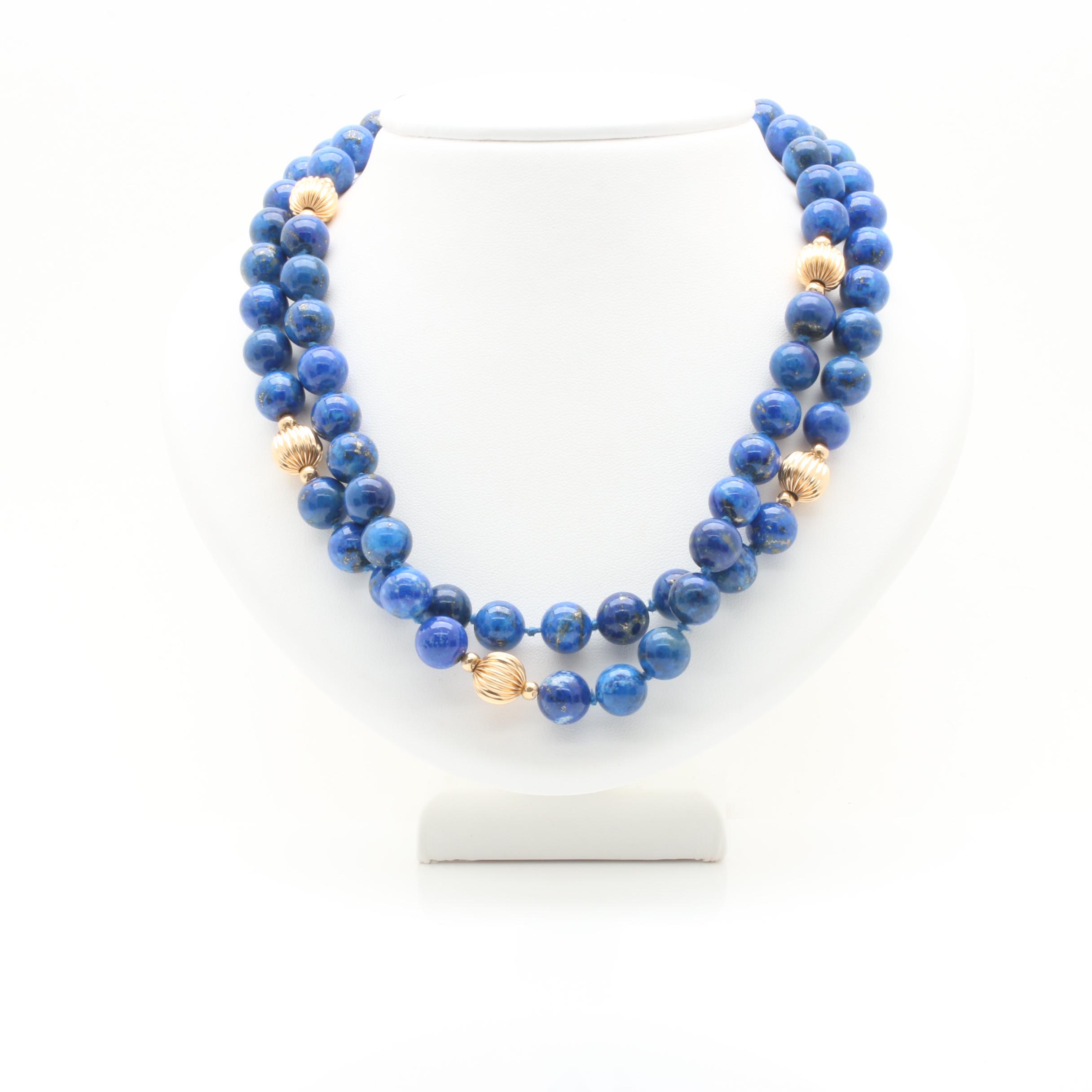 14K Yellow Gold Lapis Lazuli Beaded Necklace