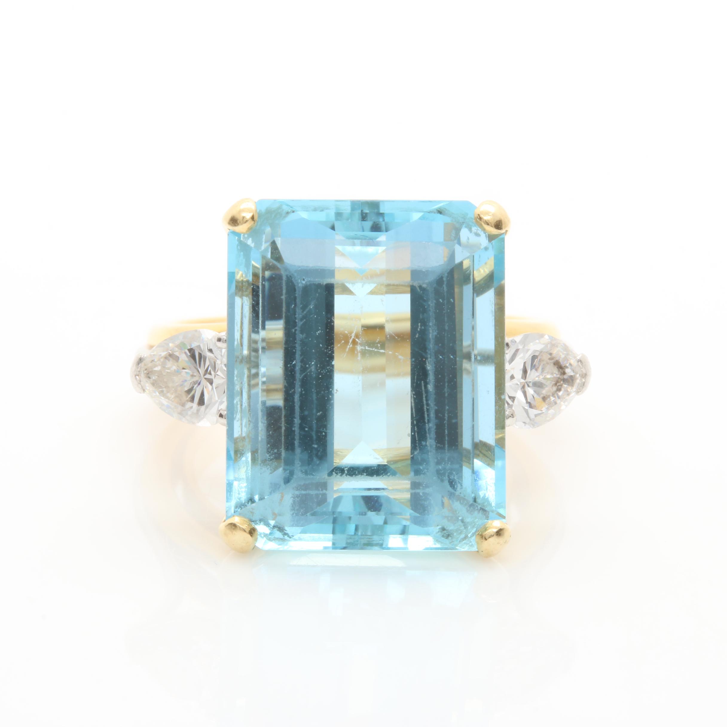 Platinum and 18K Yellow Gold 12.99 CT Aquamarine and 0.90 CTW Diamond Ring