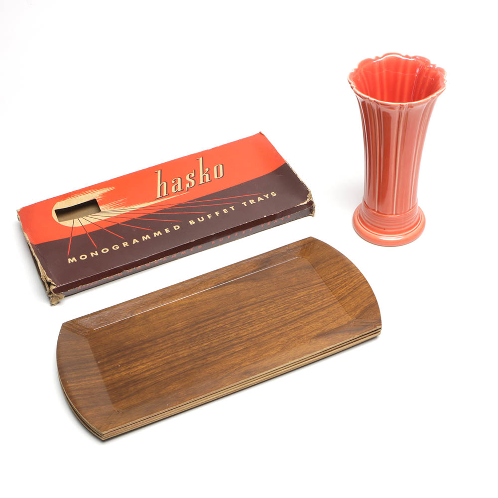 Homer Laughlin Fiesta Pottery Vase and Haskelite Wood Trays