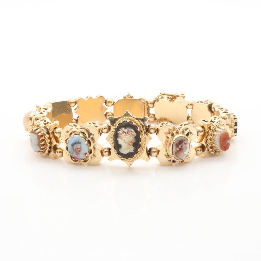 14K Yellow Gold Slide Bracelet Featuring Cameo, Gemstones and Intaglio Charms