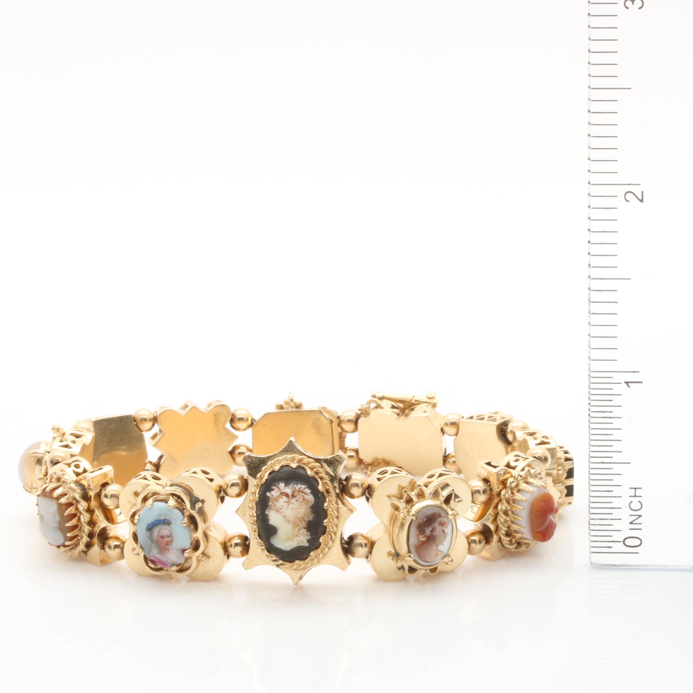 14K Yellow Gold Slide Bracelet Featuring Cameo, Gemstones and Intaglio Charms