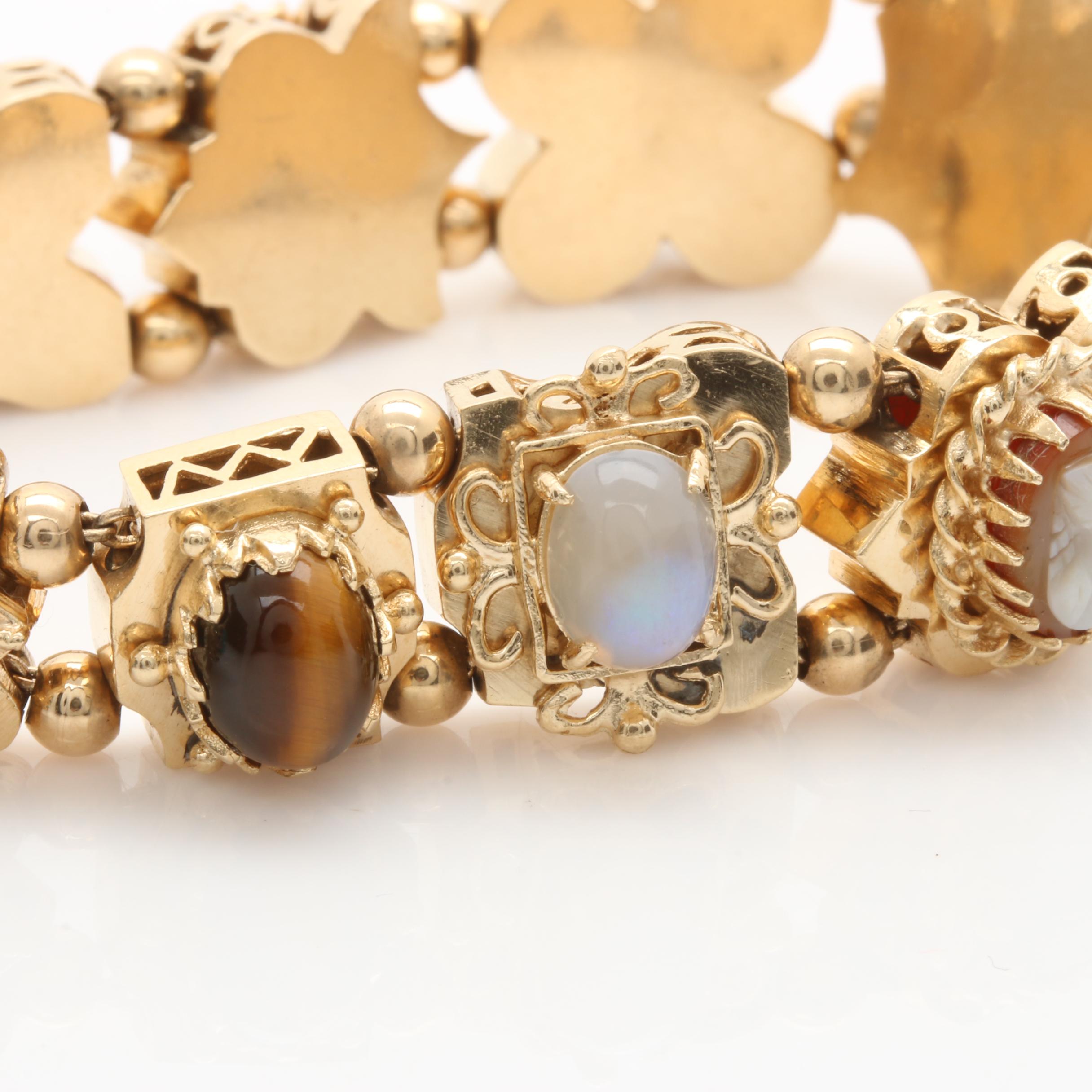 14K Yellow Gold Slide Bracelet Featuring Cameo, Gemstones and Intaglio Charms