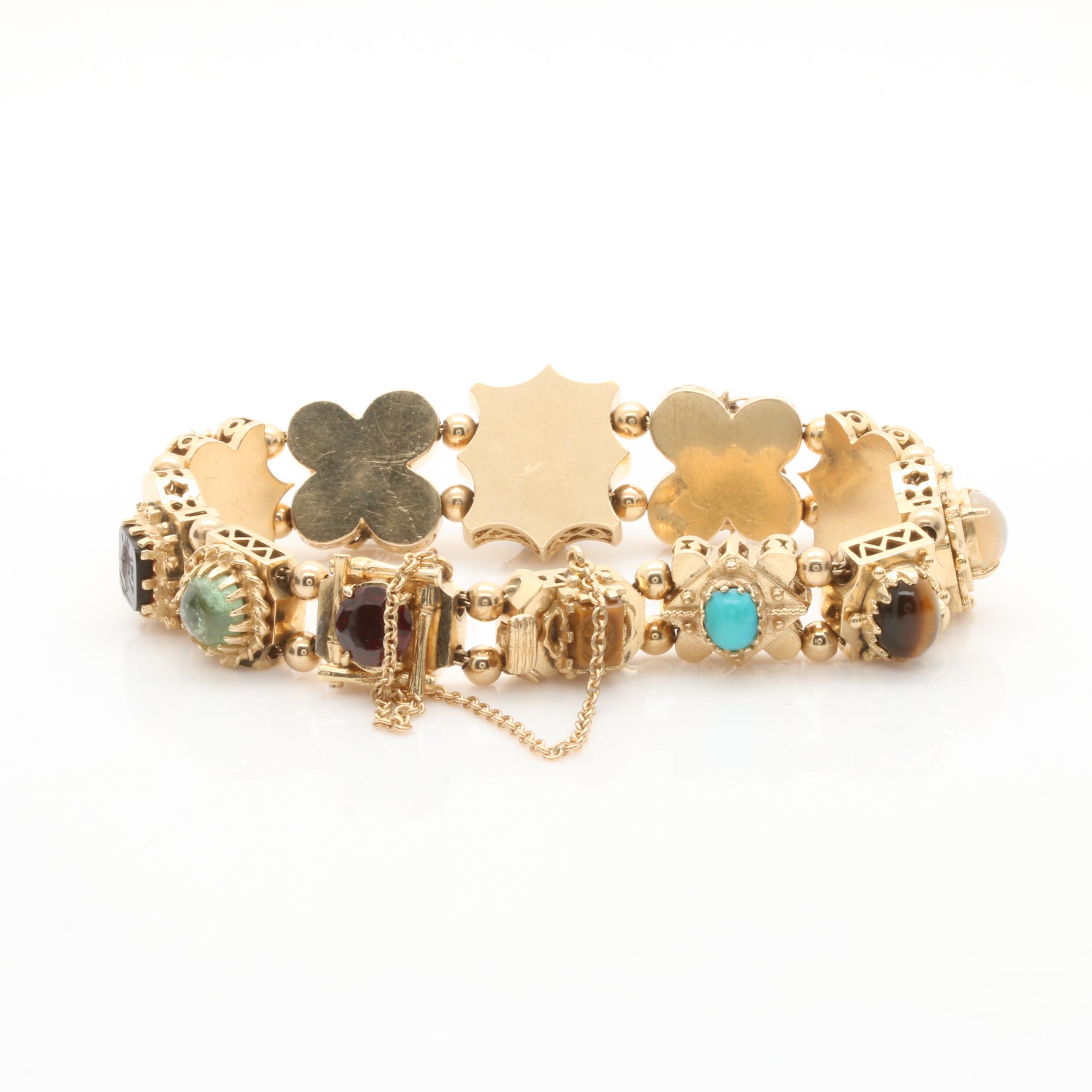 14K Yellow Gold Slide Bracelet Featuring Cameo, Gemstones and Intaglio Charms