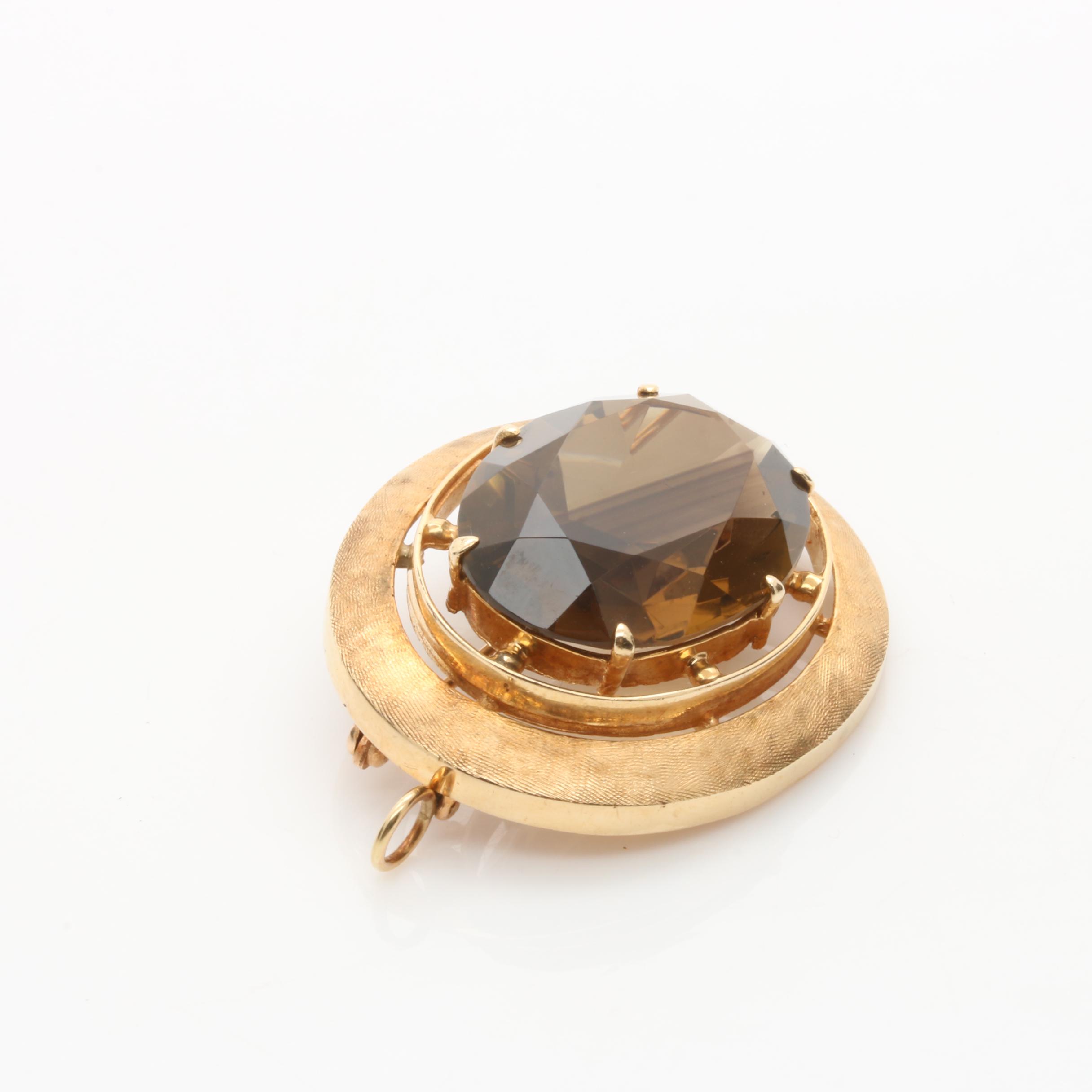 14K Yellow Gold 24.50 CT Smoky Quartz Converter Brooch