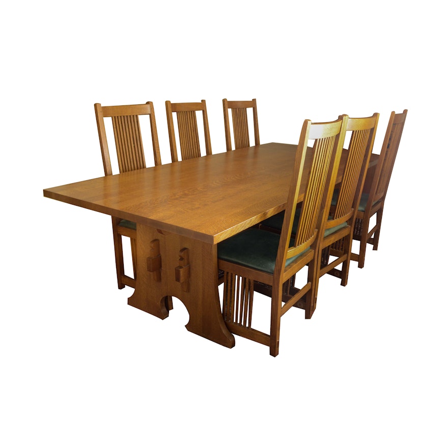 Stickley Mission Style Oak Dining Table and Leather Upholstered Side Chairs