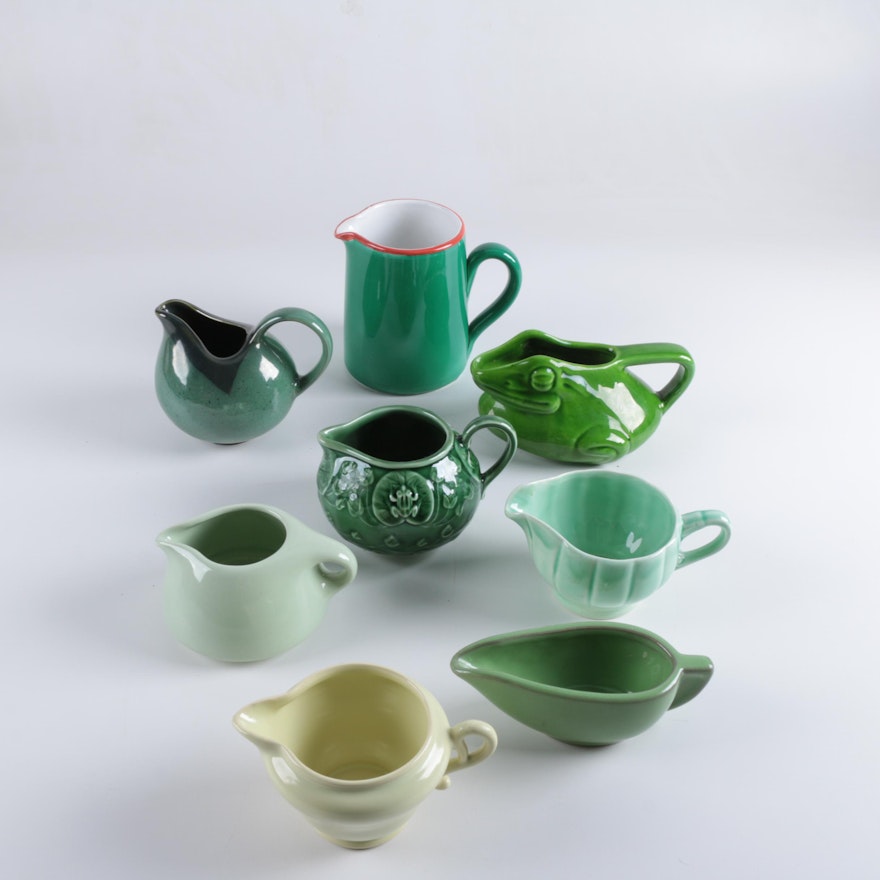 Selection of Green Ceramic Creamers including Hall and Russel Wright