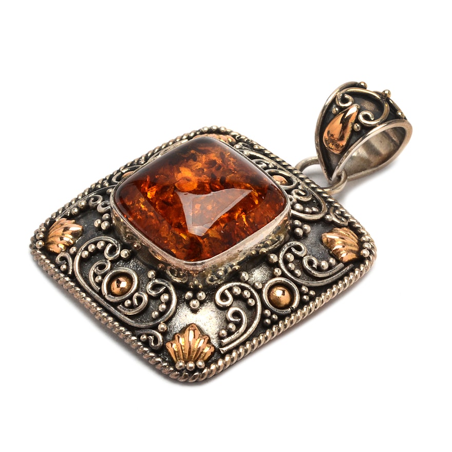 Suarti of Bali Sterling Silver Amber Pendant With 18K Gold Accents