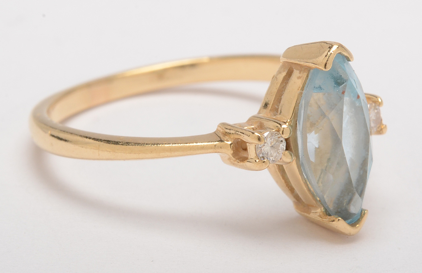 14K Gold Blue Topaz and Diamond Ring