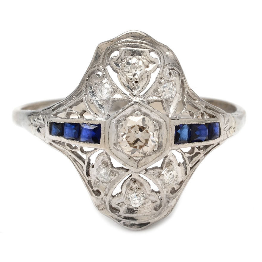 Late Edwardian Mixed White Gold and Platinum Diamond and Sapphire Dinner Ring