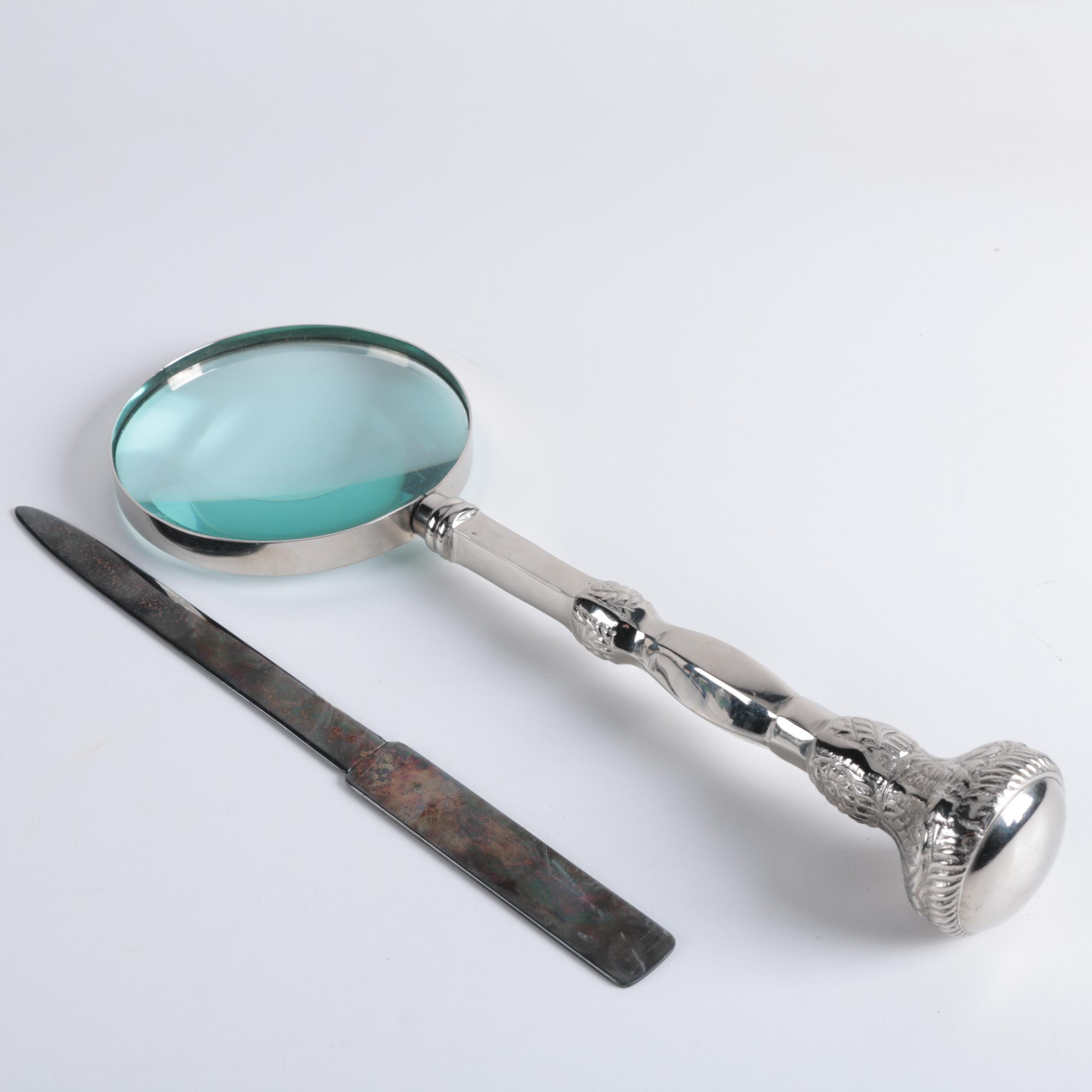 Vintage Lunt Silver Plate Letter Opener and Silver Tone Magnifying Glass