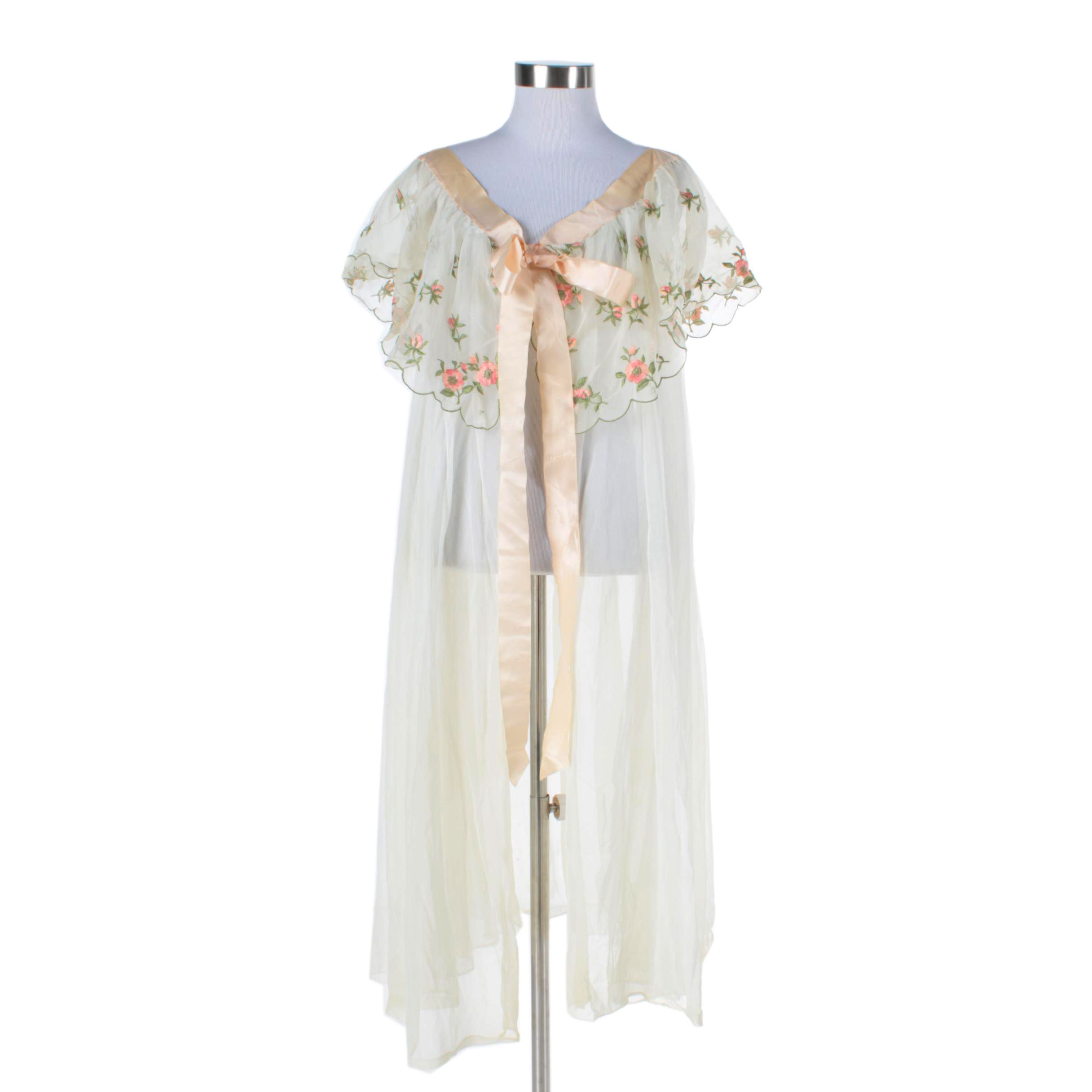 Vintage Elsa Schiaparelli Sheer House Robe with Embroidered Flowers