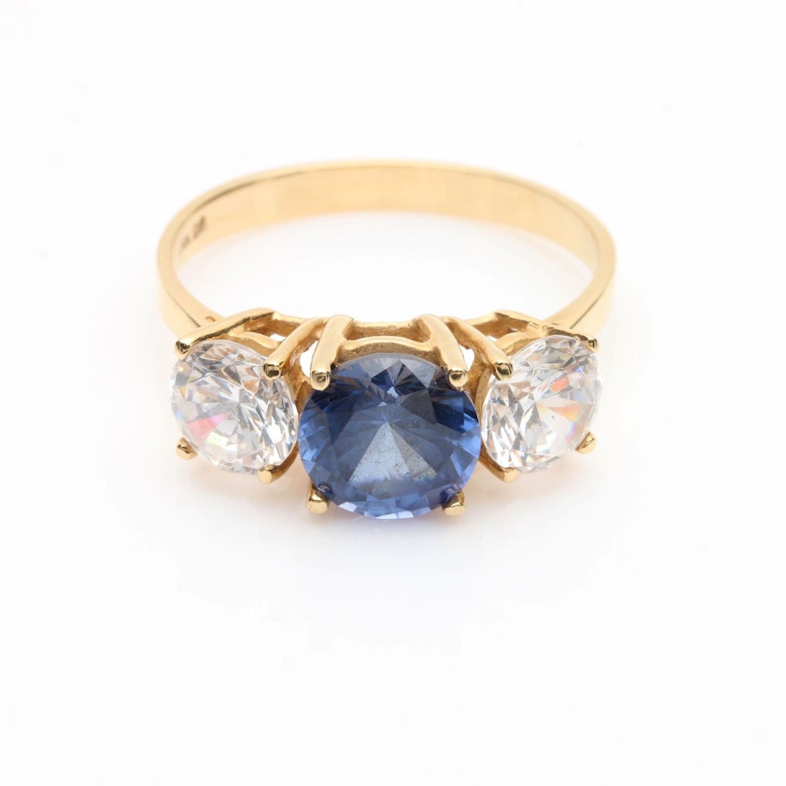 14K Yellow Gold Synthetic Sapphire and Cubic Zirconia Ring