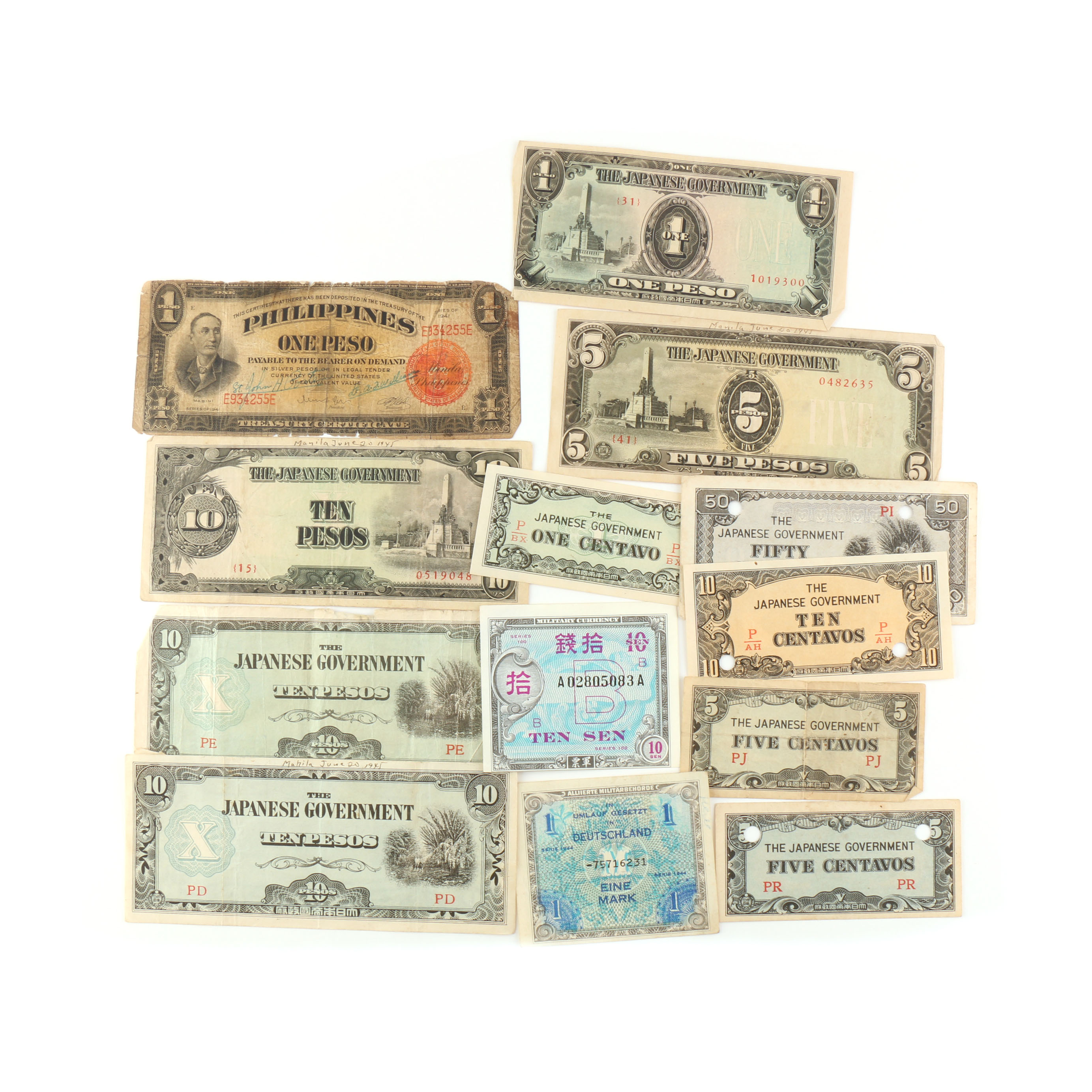 Thirteen WWII Era Foreign Banknotes