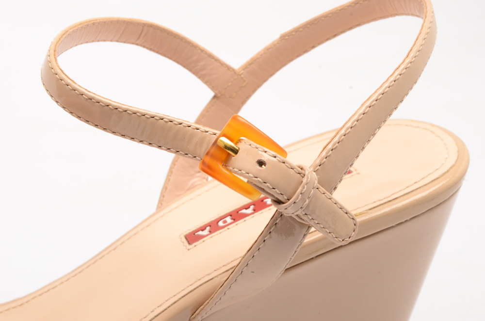 Prada Cutout Patent Leather Wedge Sandals