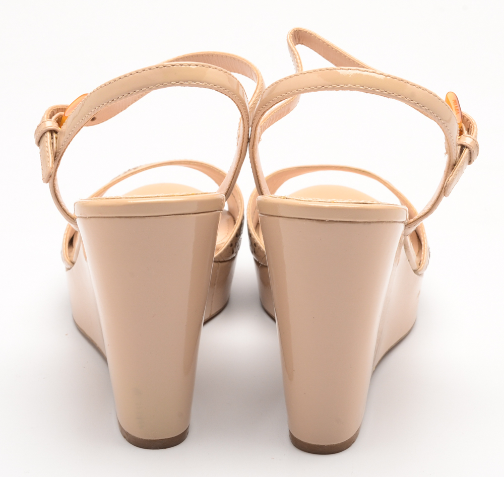 Prada Cutout Patent Leather Wedge Sandals