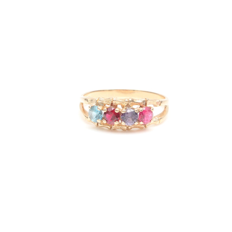 14K Yellow Gold Synthetic Ruby, Synthetic Purple Sapphire and Topaz Ring