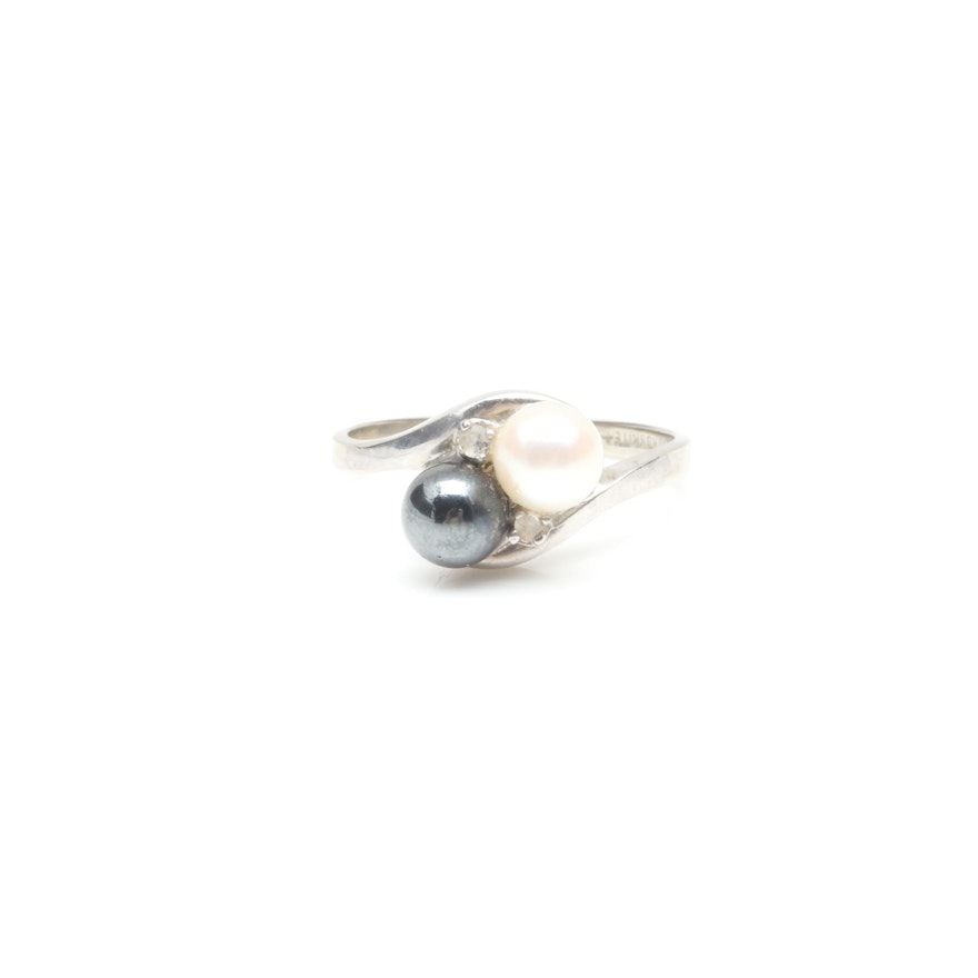 10K White Gold Cultured Pearl, Synthetic Hematite, and Diamond Ring