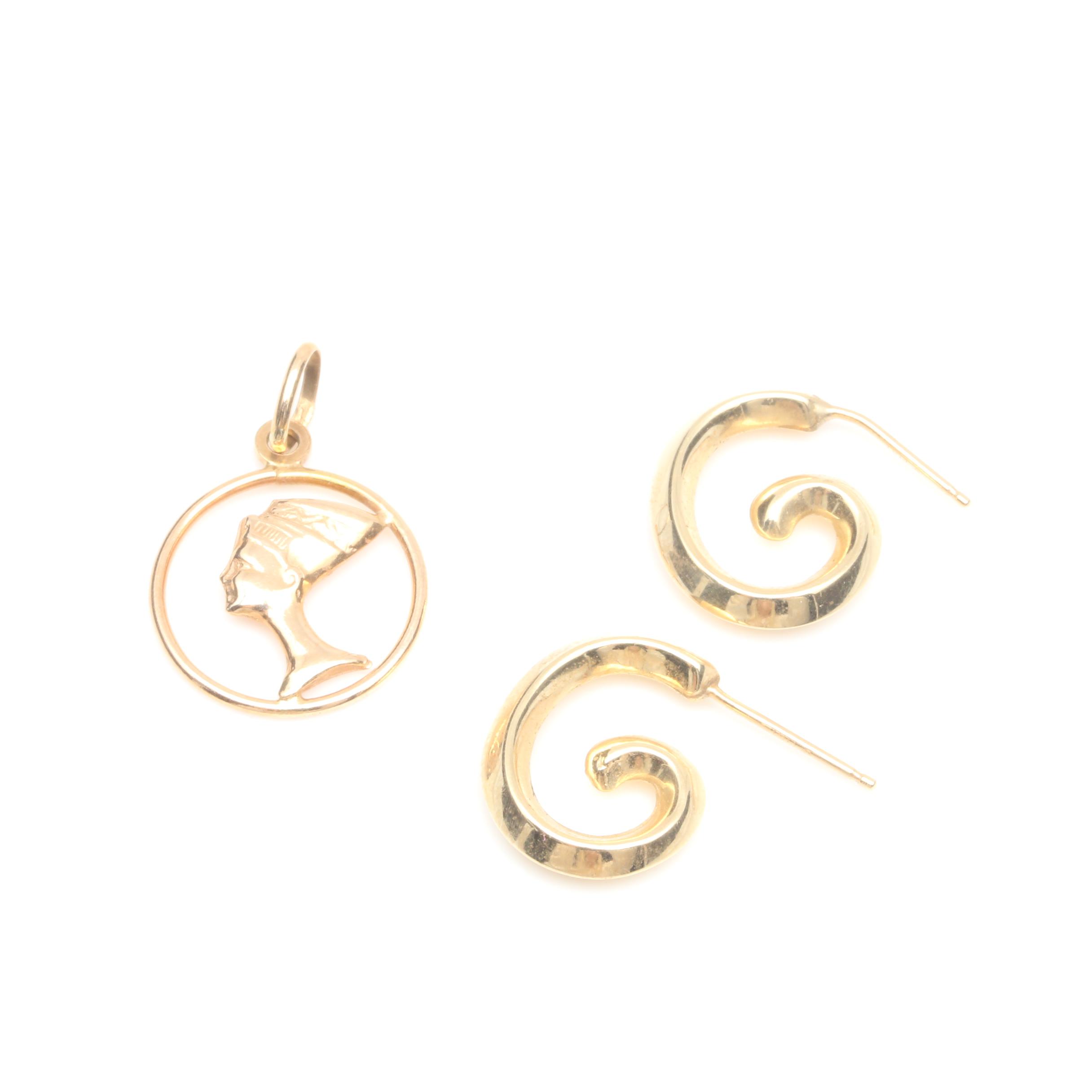 14K Yellow Gold Nefertiti Pendant and Spiral Hoop Earrings