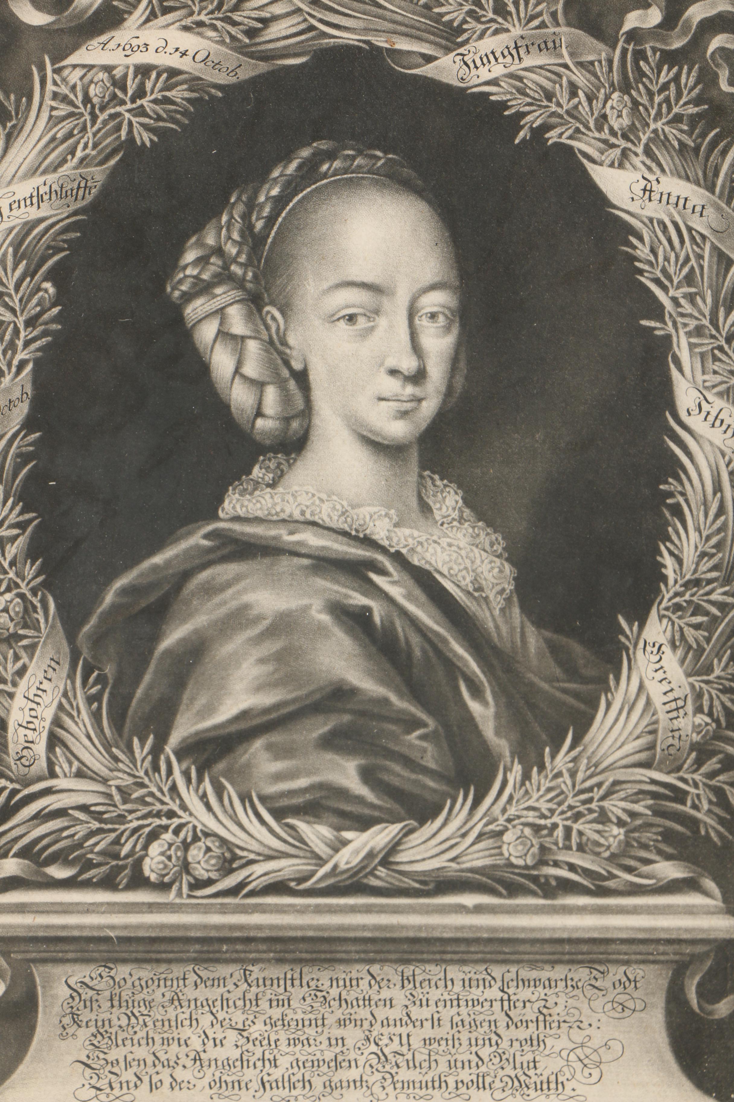 Elias Christoph Heiss Mezzotint "Jungfrau Anne Tibylla Breissitz"