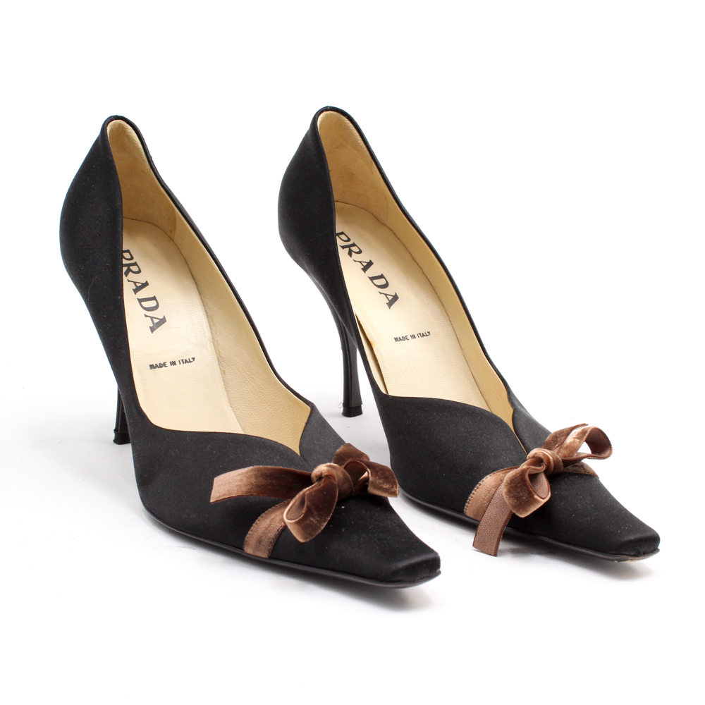 Prada Black Satin Pumps with Brown Velvet Ribbon