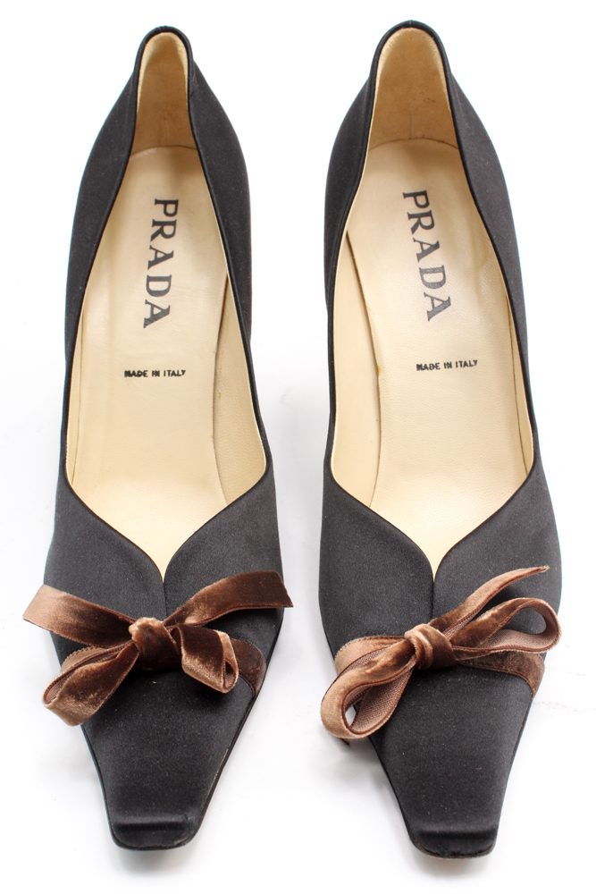Prada Black Satin Pumps with Brown Velvet Ribbon