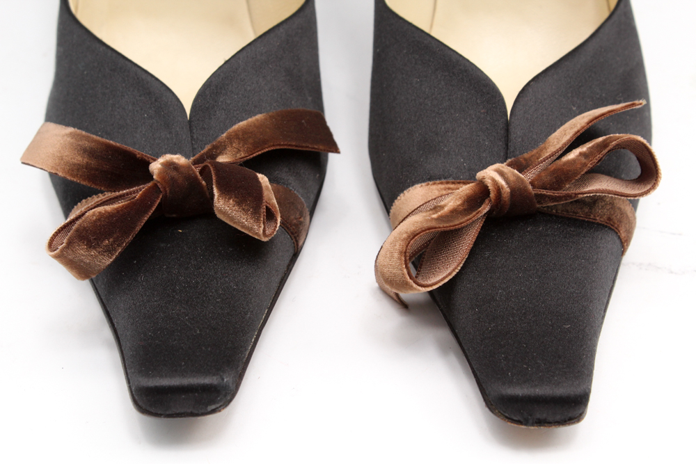 Prada Black Satin Pumps with Brown Velvet Ribbon