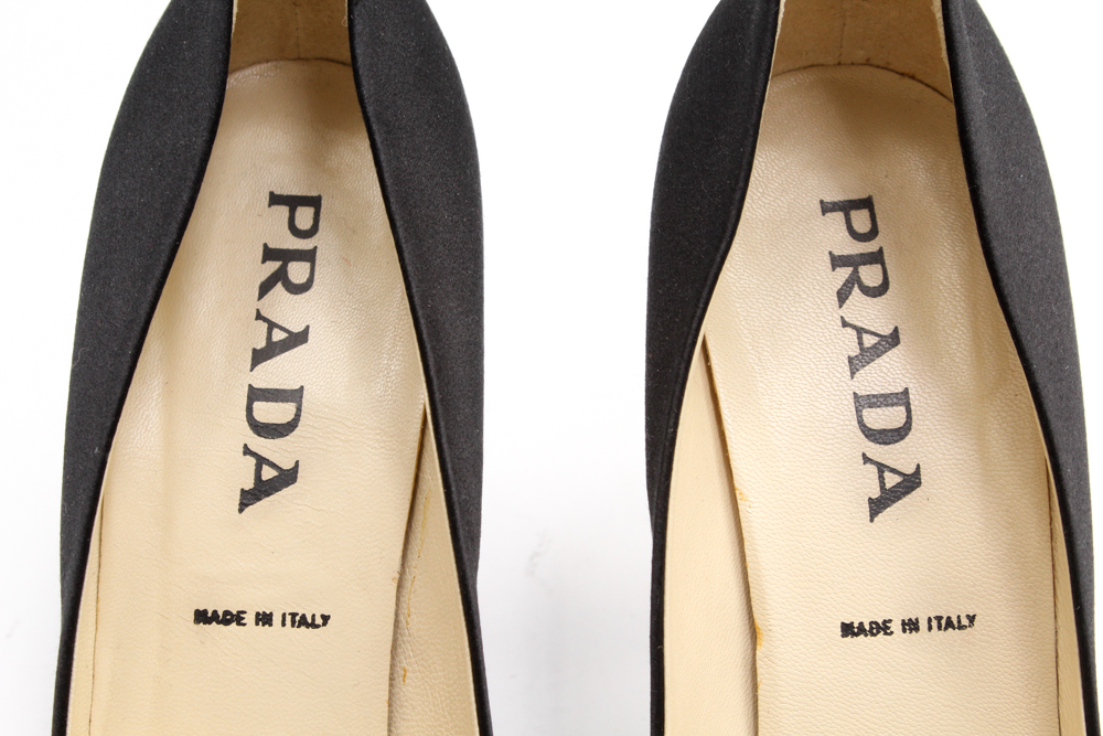 Prada Black Satin Pumps with Brown Velvet Ribbon