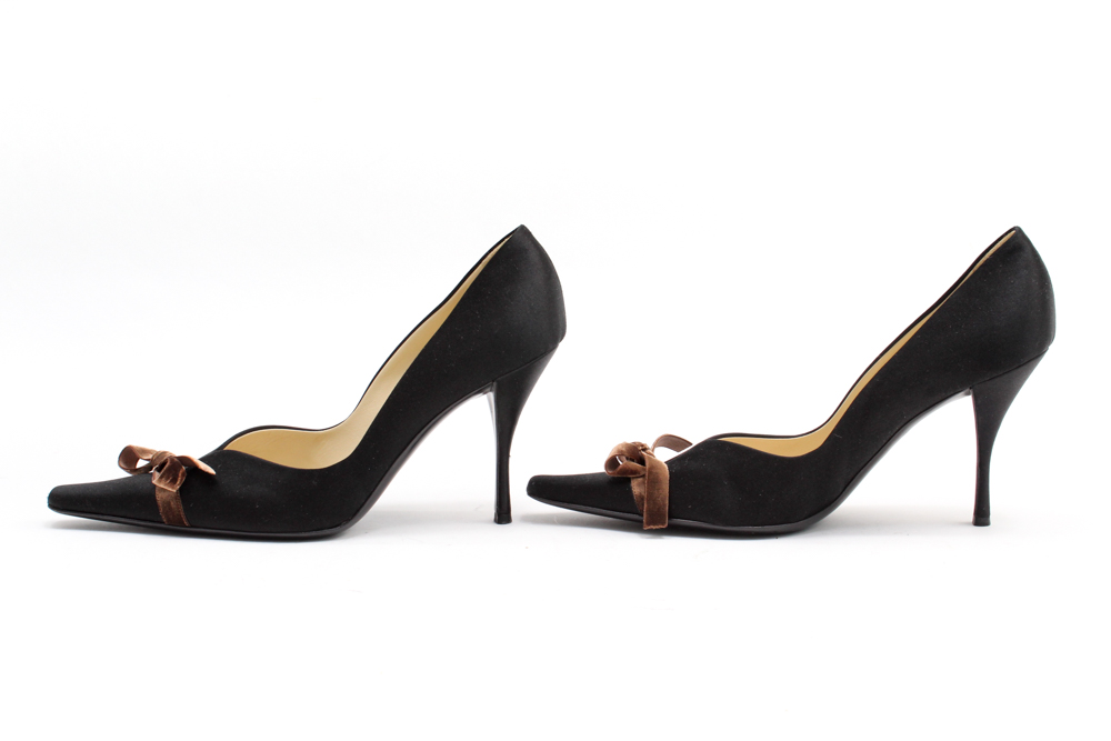 Prada Black Satin Pumps with Brown Velvet Ribbon