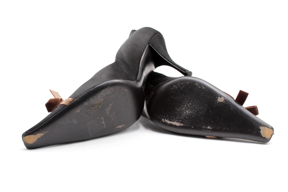 Prada Black Satin Pumps with Brown Velvet Ribbon