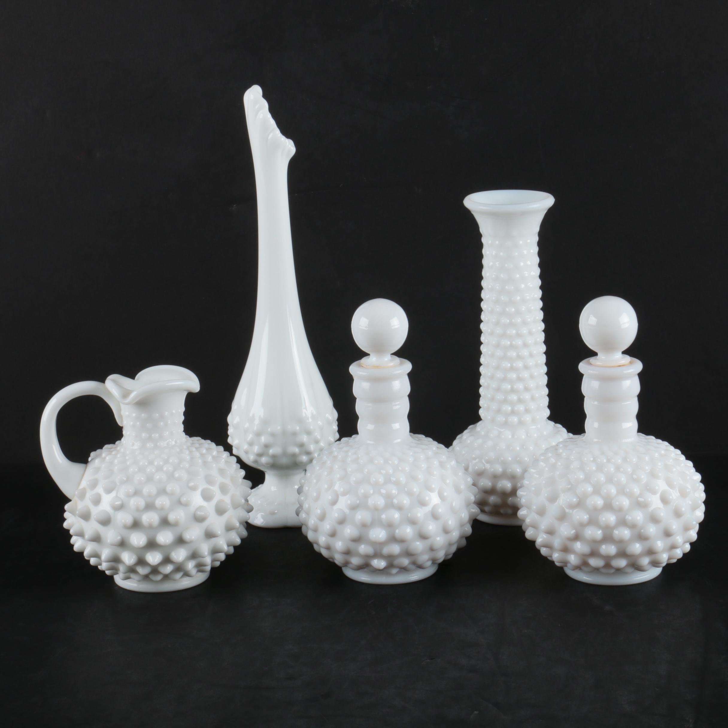 Vintage Hobnail Milk Glass Vases and Perfume Bottles