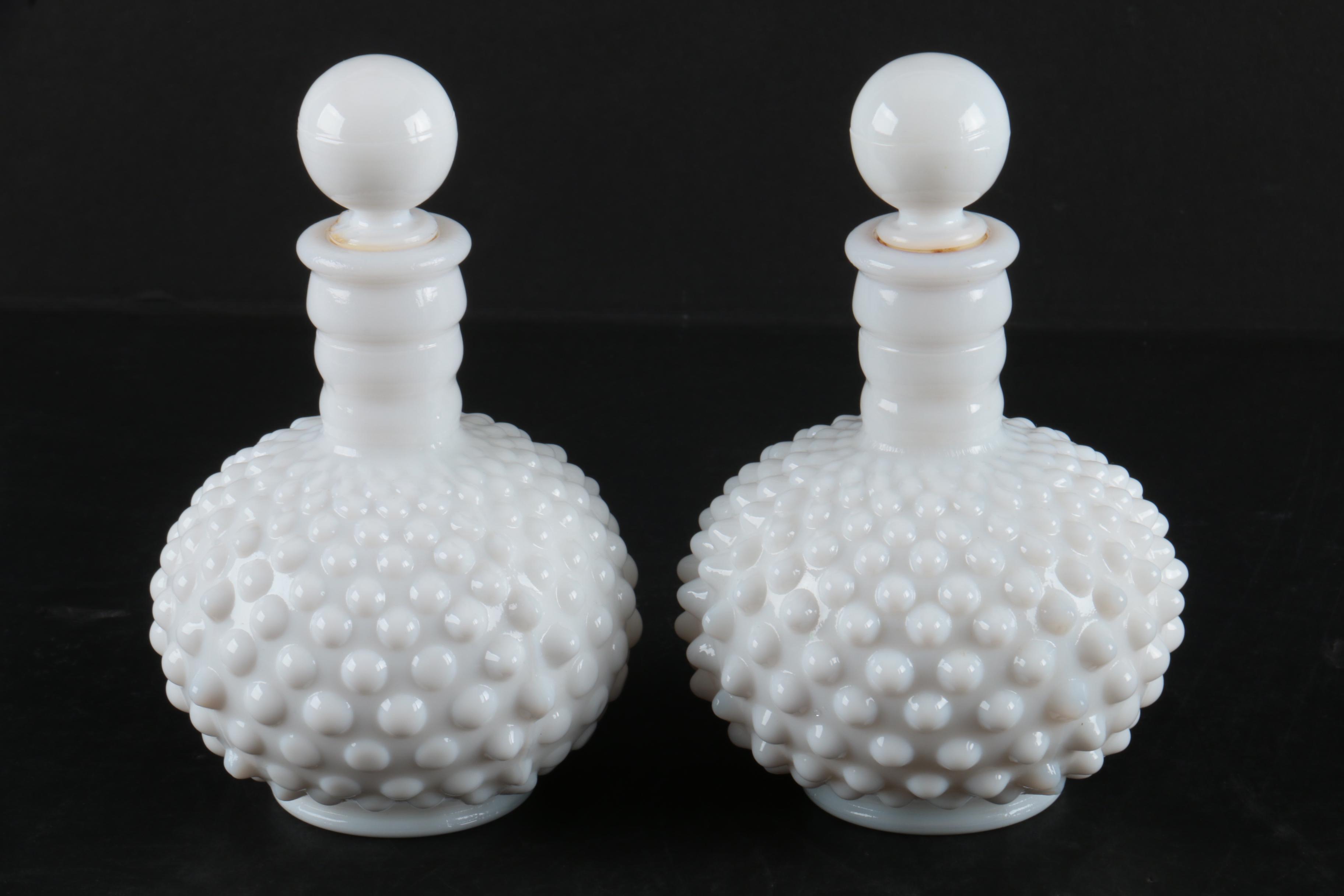 Vintage Hobnail Milk Glass Vases and Perfume Bottles