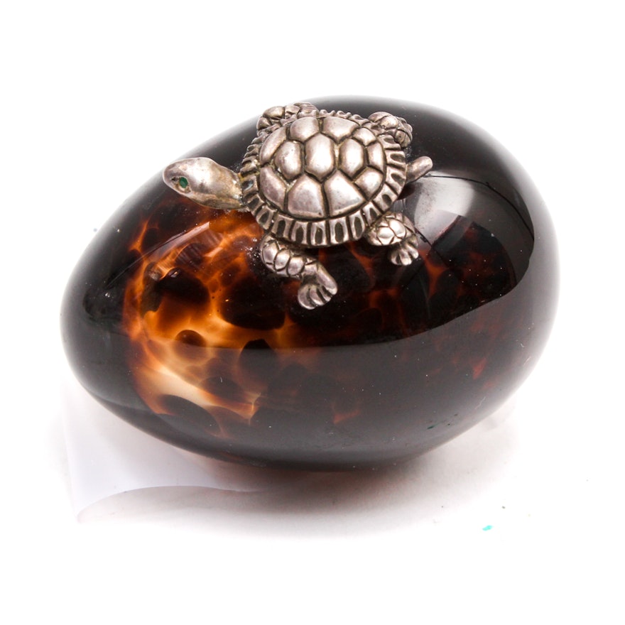 Art Glass Egg With Turtle Ornament