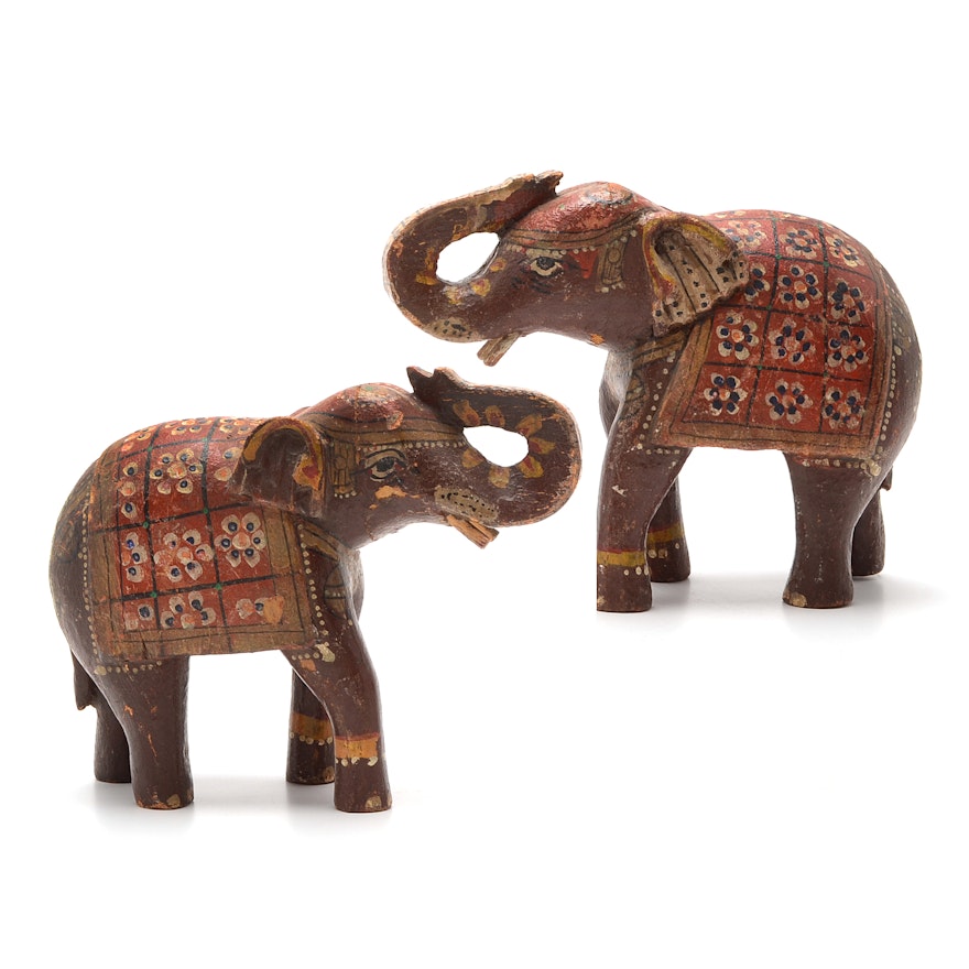 Pair of Carved Wood and Hand Decorated Indian Elephants